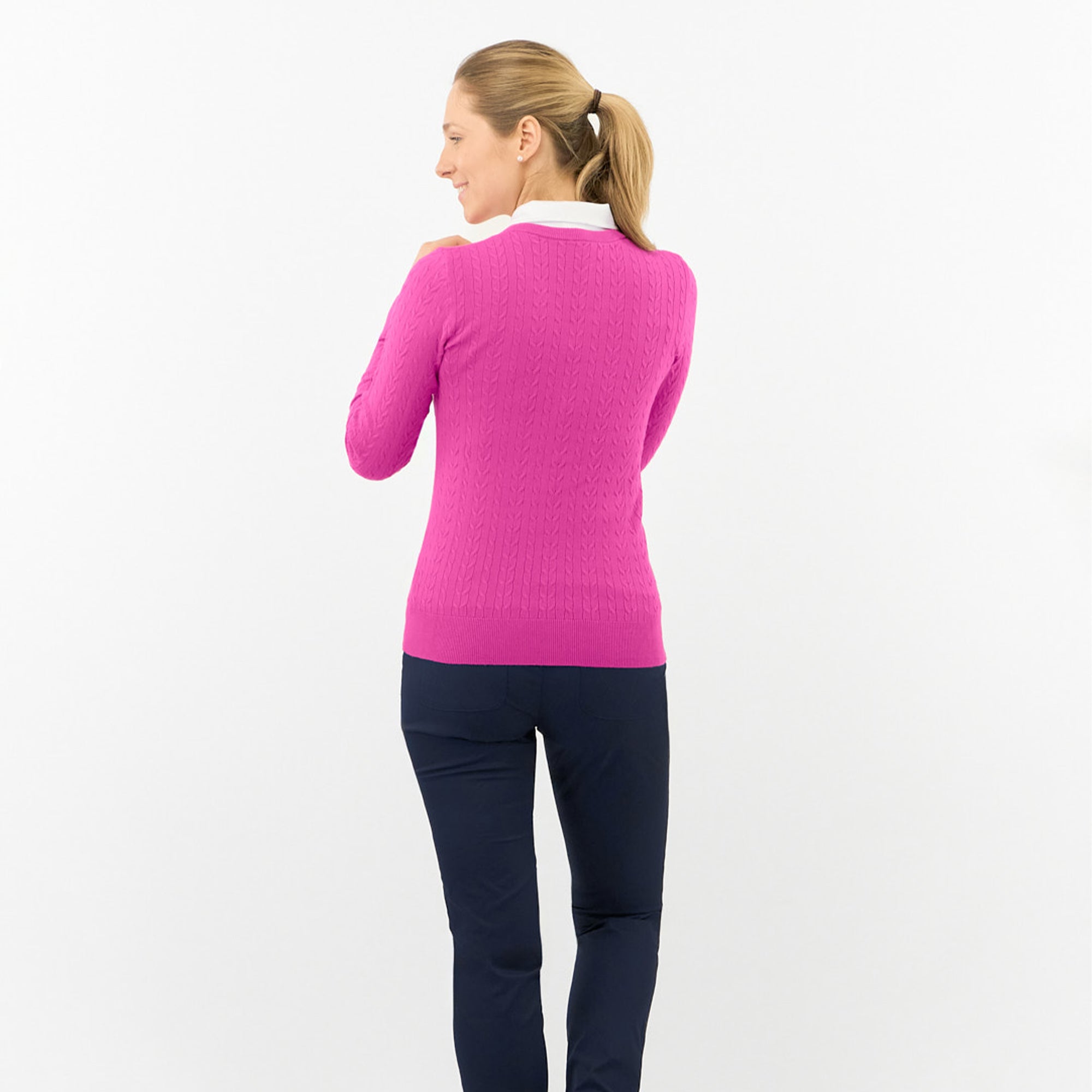 Pure Golf Suzie Summer Weight Knitted Ladies Golf Jumper Deep Azalea