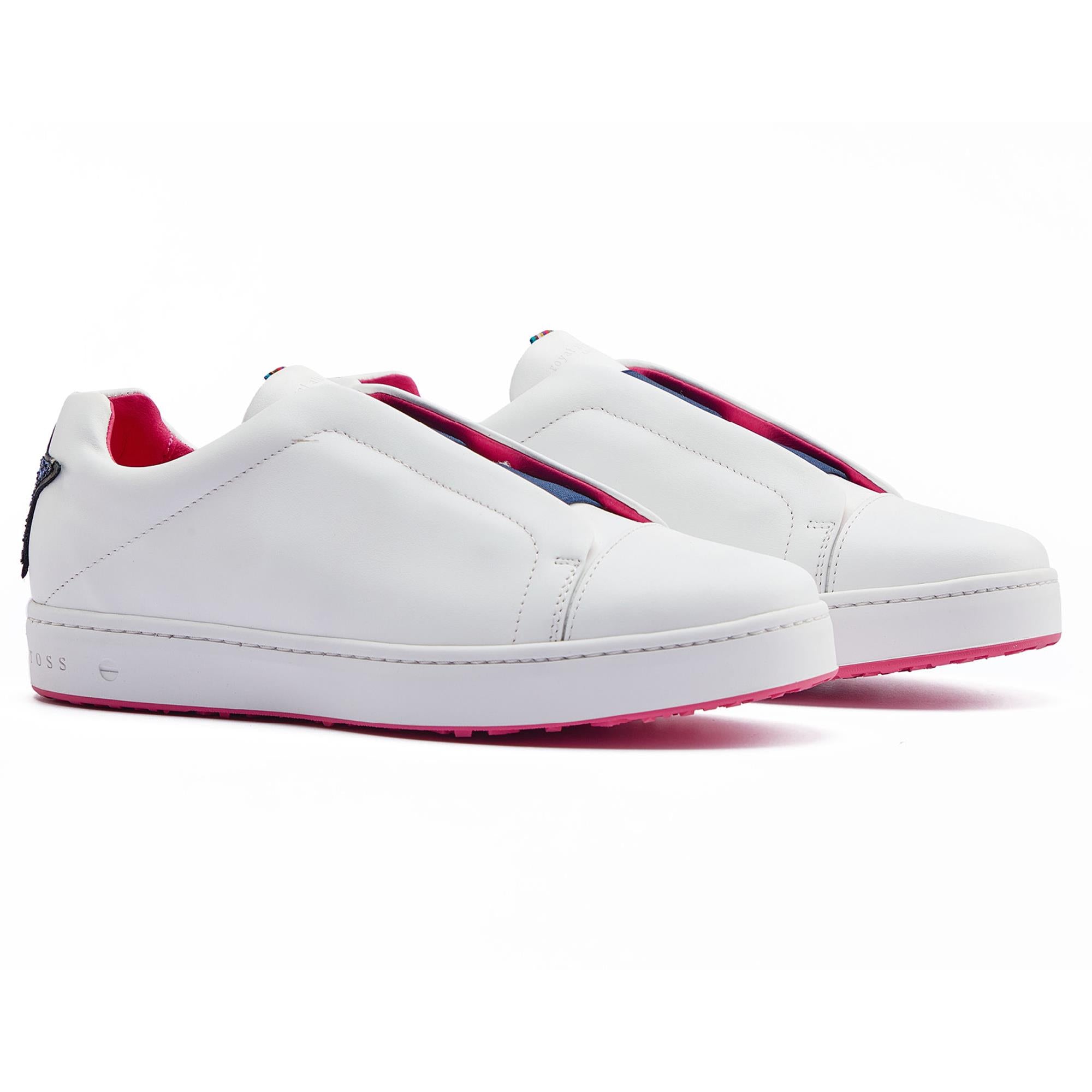 Side view of both Royal Albartross Queen Hollywood golf shoes – spikeless designer golf shoes for women with handcrafted detail