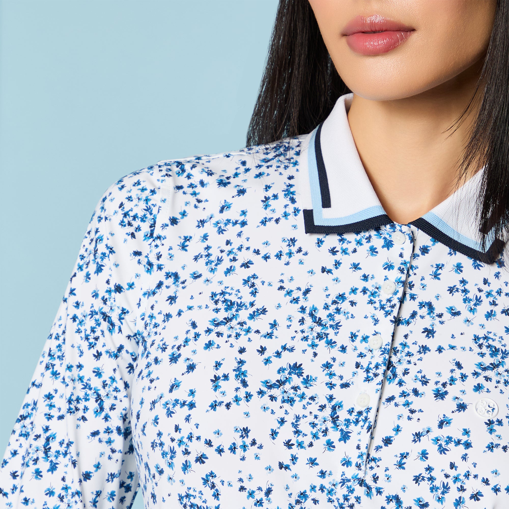 G/FORE Scatter Ditzy Print Silky Tech Nylon Ladies Long Sleeve Polo Shirt Snow/Twilight