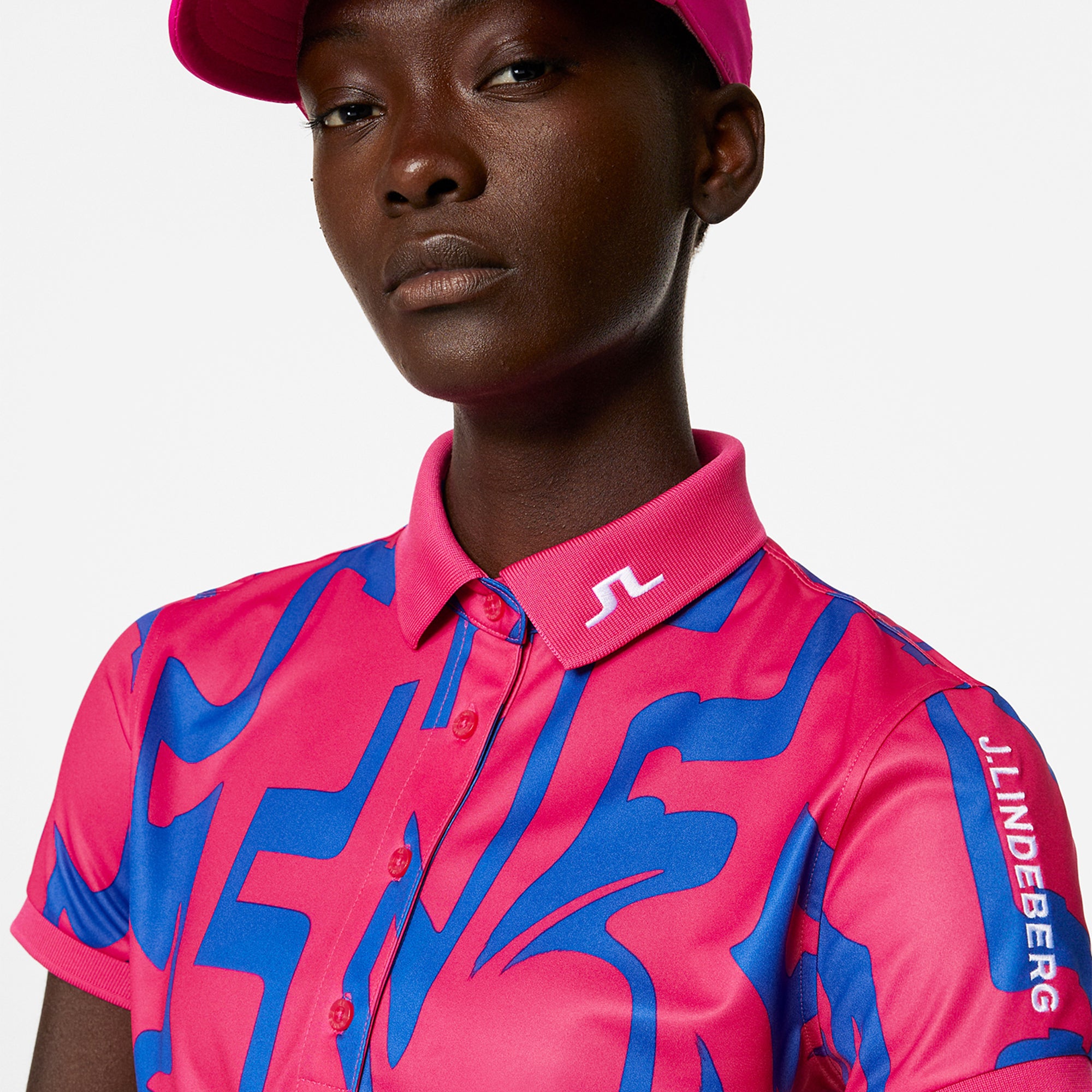 J Lindeberg Tour Tech Print Ladies Golf Polo Shirt Glitch Bridge Pink