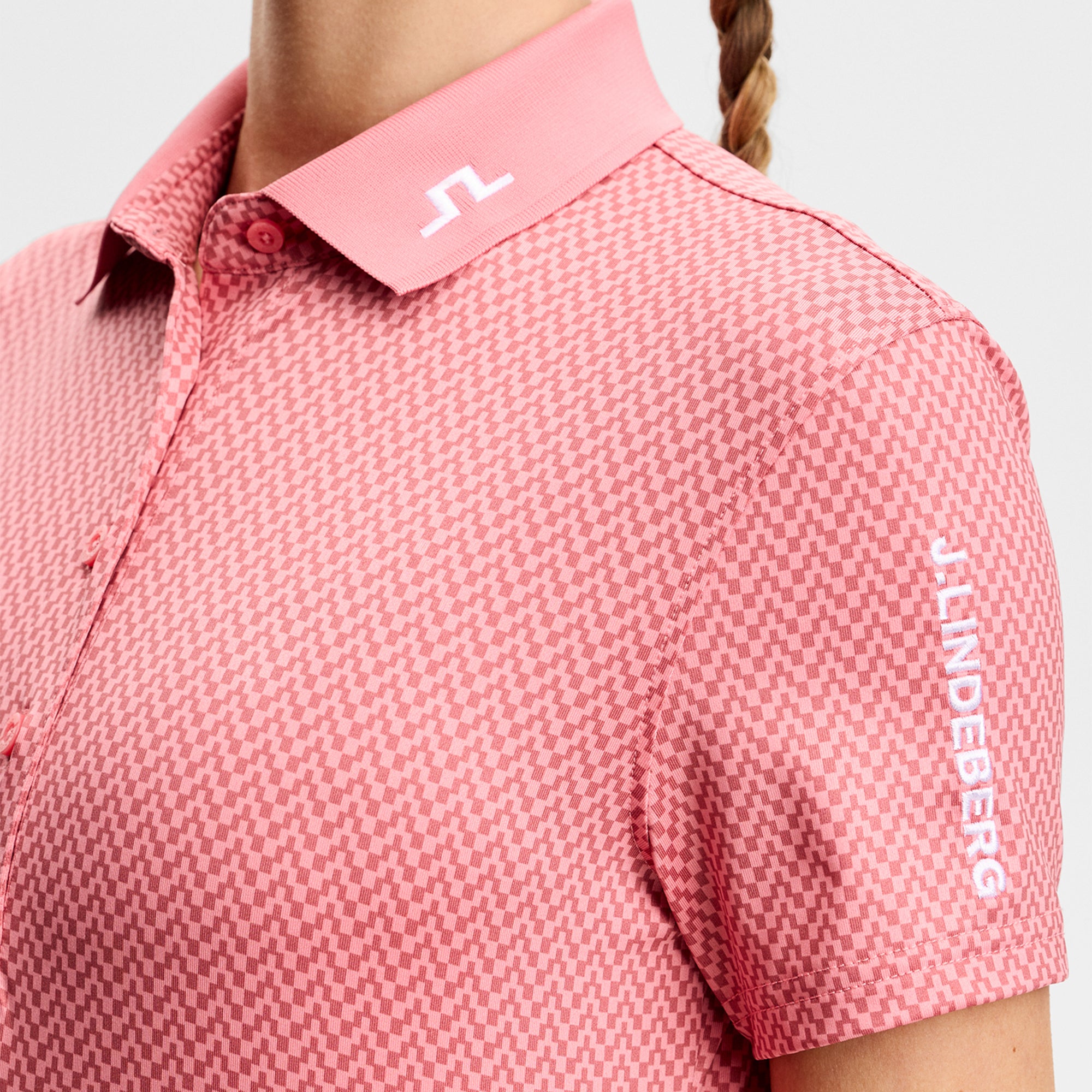 J Lindeberg Tour Tech Print Ladies Golf Polo Shirt Bridge Stack Rose S