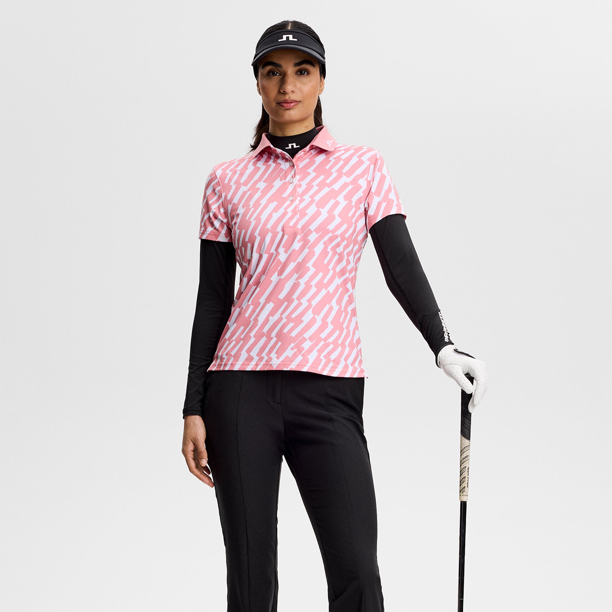 J Lindeberg Tour Tech Print Ladies Golf Polo Shirt Oak Flamingo M