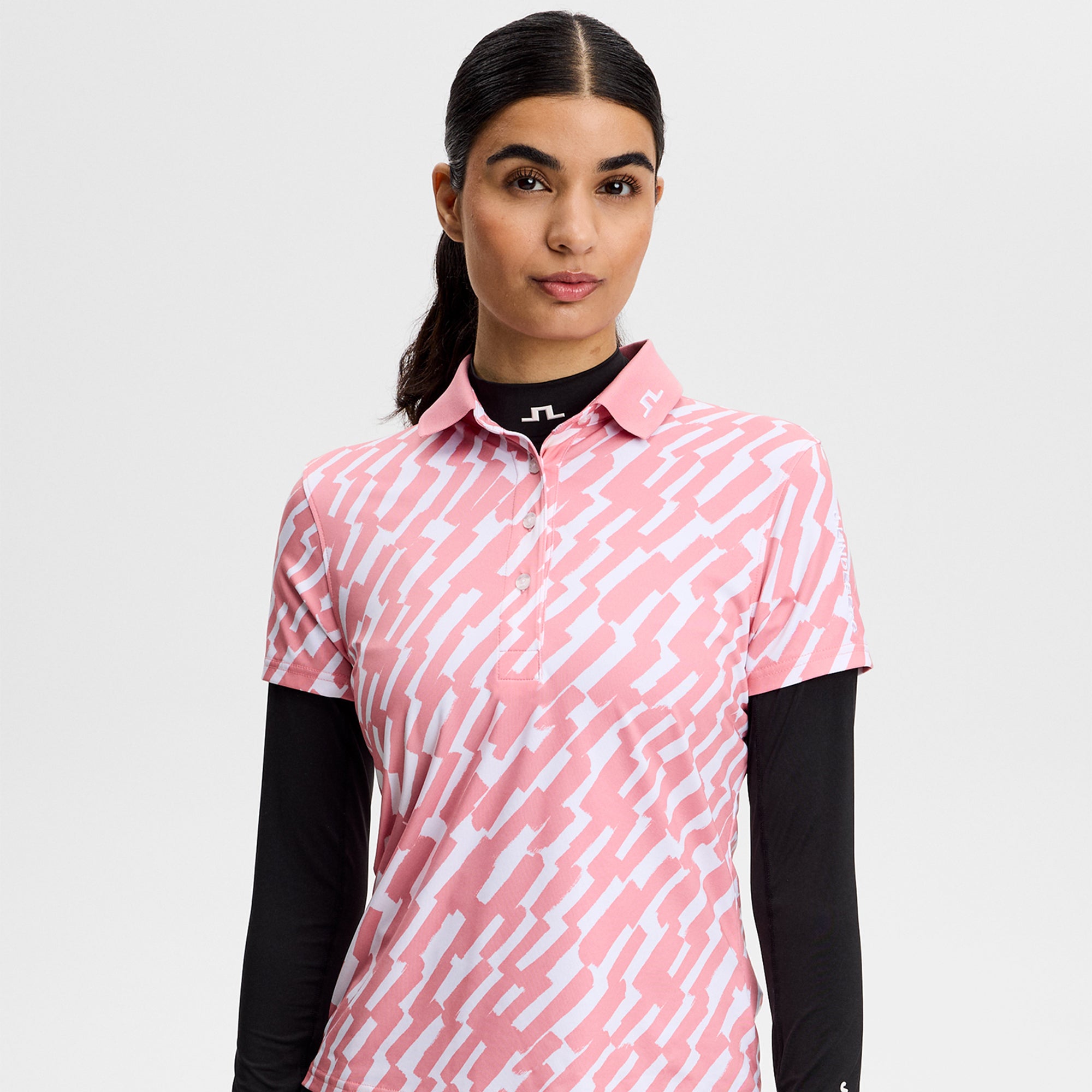 J Lindeberg Tour Tech Print Ladies Golf Polo Shirt Oak Flamingo M