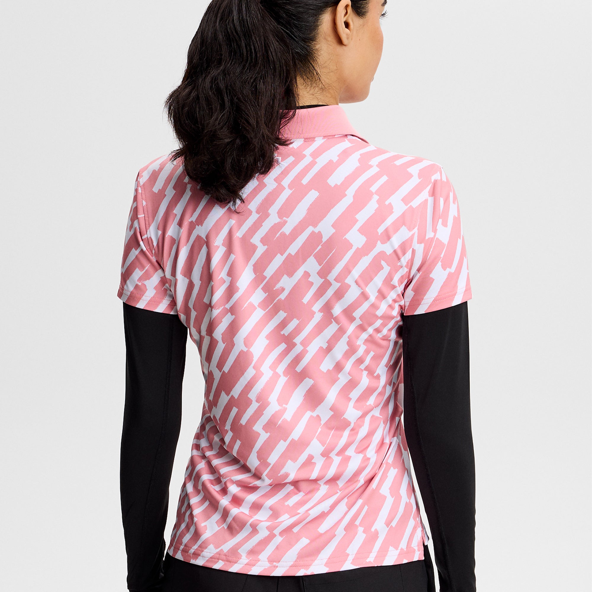 J Lindeberg Tour Tech Print Ladies Golf Polo Shirt Oak Flamingo M