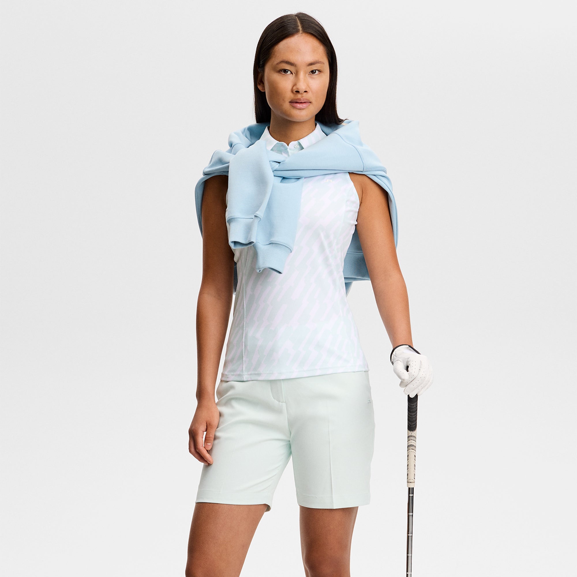 J Lindeberg Dena Print Ladies Sleeveless Golf Polo Shirt Oak Skylight M