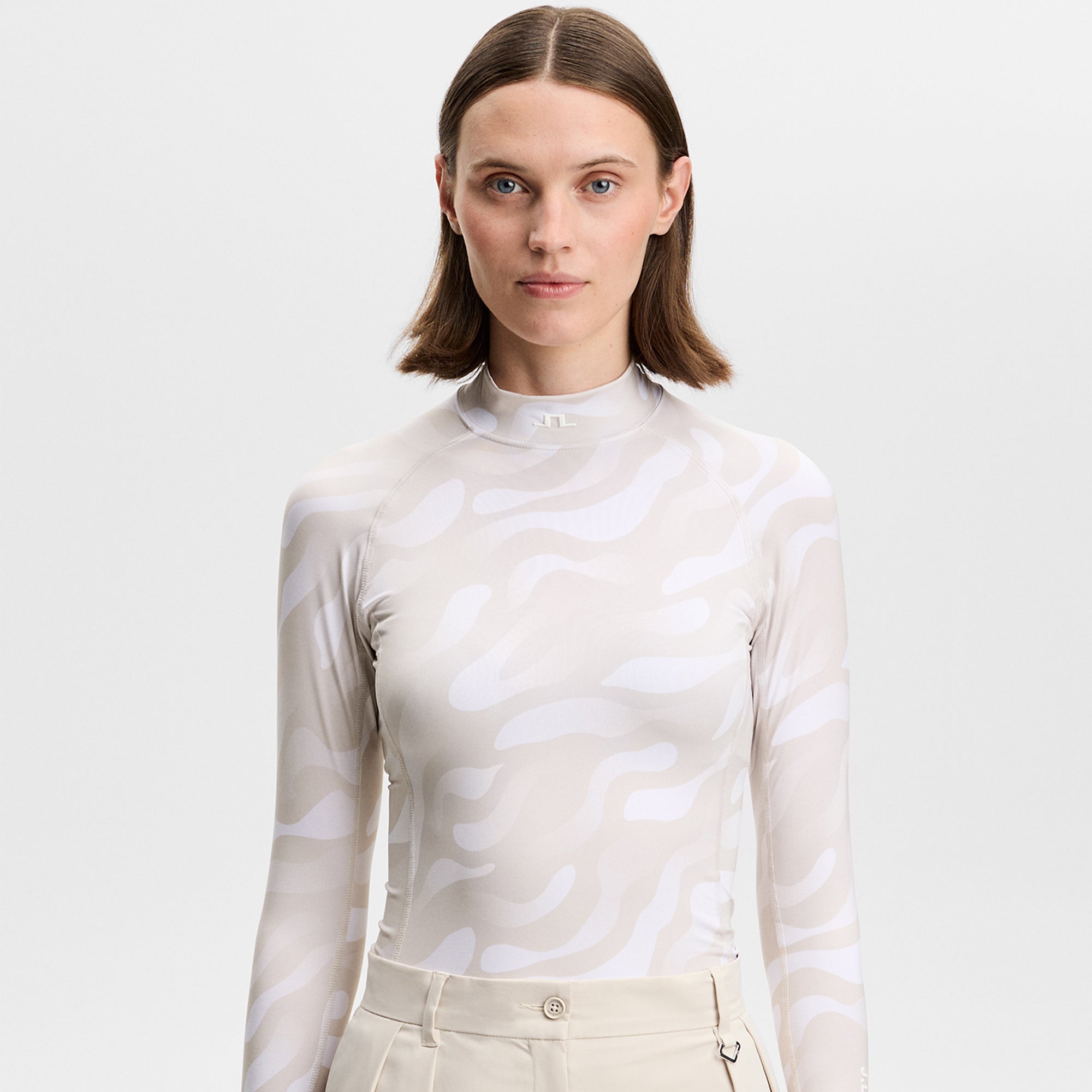 J Lindeberg Ella Print Ladies Compression Golf Top Bunker Fade Moonbeam White