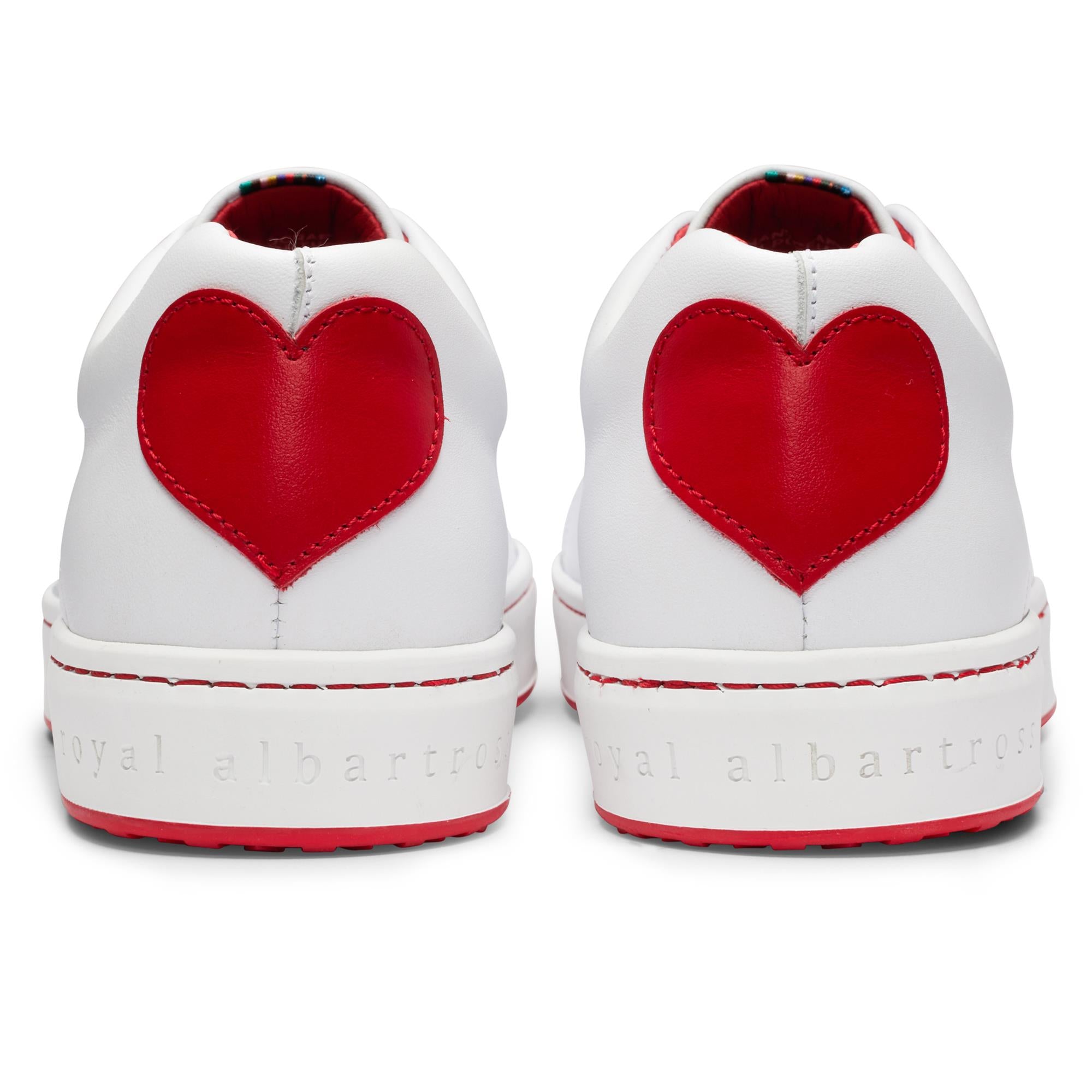Back of Royal Albartross Queen of Hearts golf shoes showing heart detail – luxury ladies golf footwear with playful feminine style