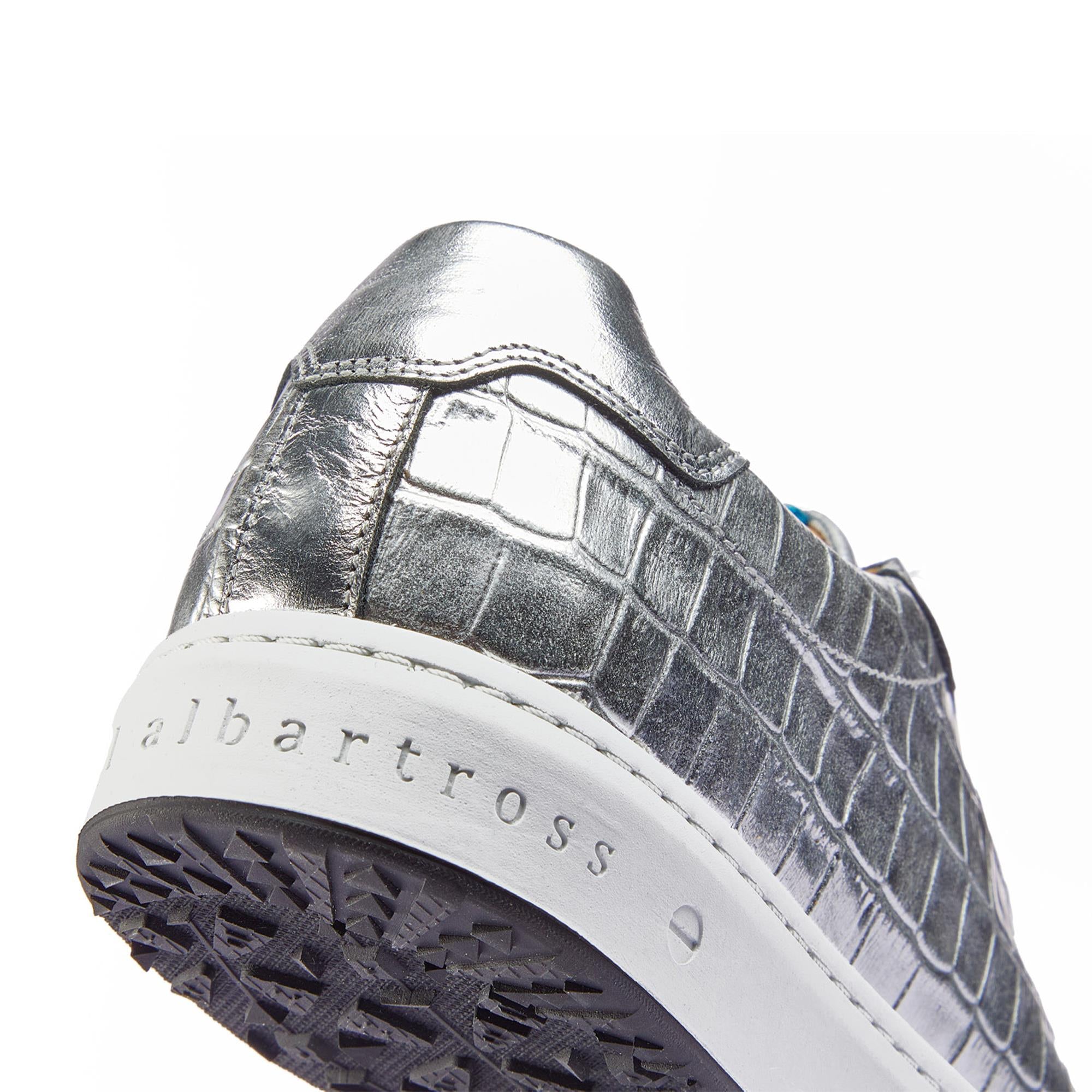 Back view of Royal Albartross Buckingham ladies spikeless golf shoes in silver croc print with purple laces – luxury ladies golf footwear