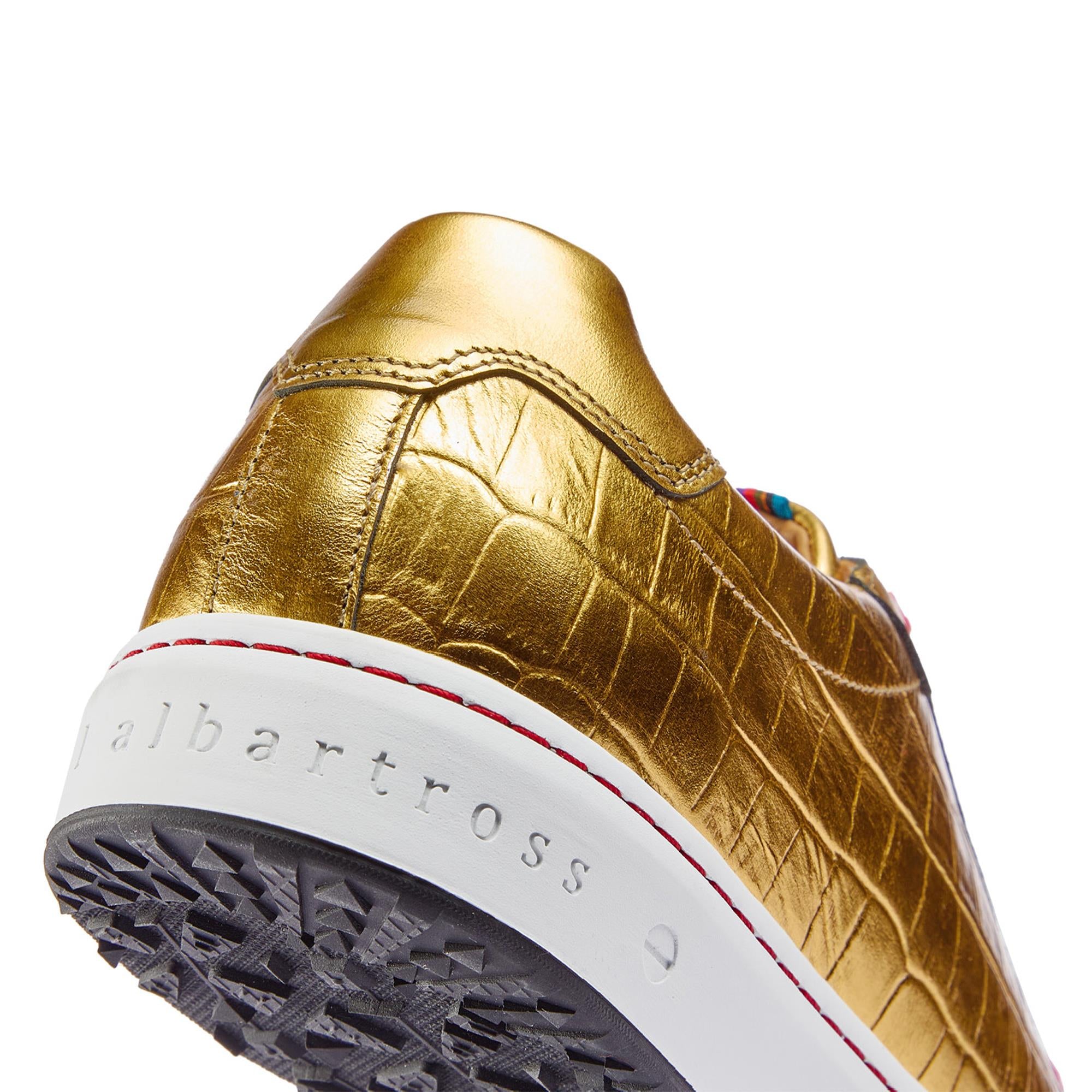 Close-up of back detail on Royal Albartross Buckingham gold croc ladies spikeless golf shoes – premium ladies golf footwear UK