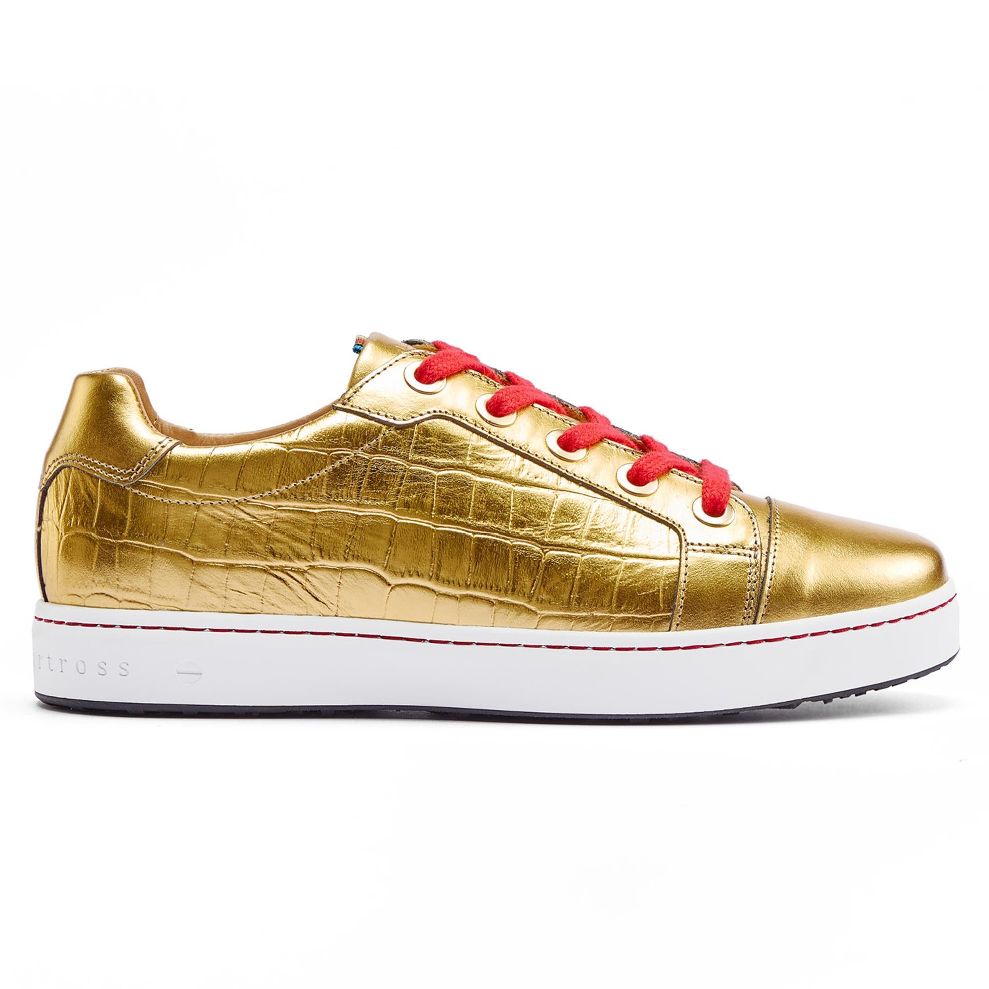 Side view of Royal Albartross Buckingham ladies spikeless golf shoes in gold croc print – luxury handcrafted womens golf shoes