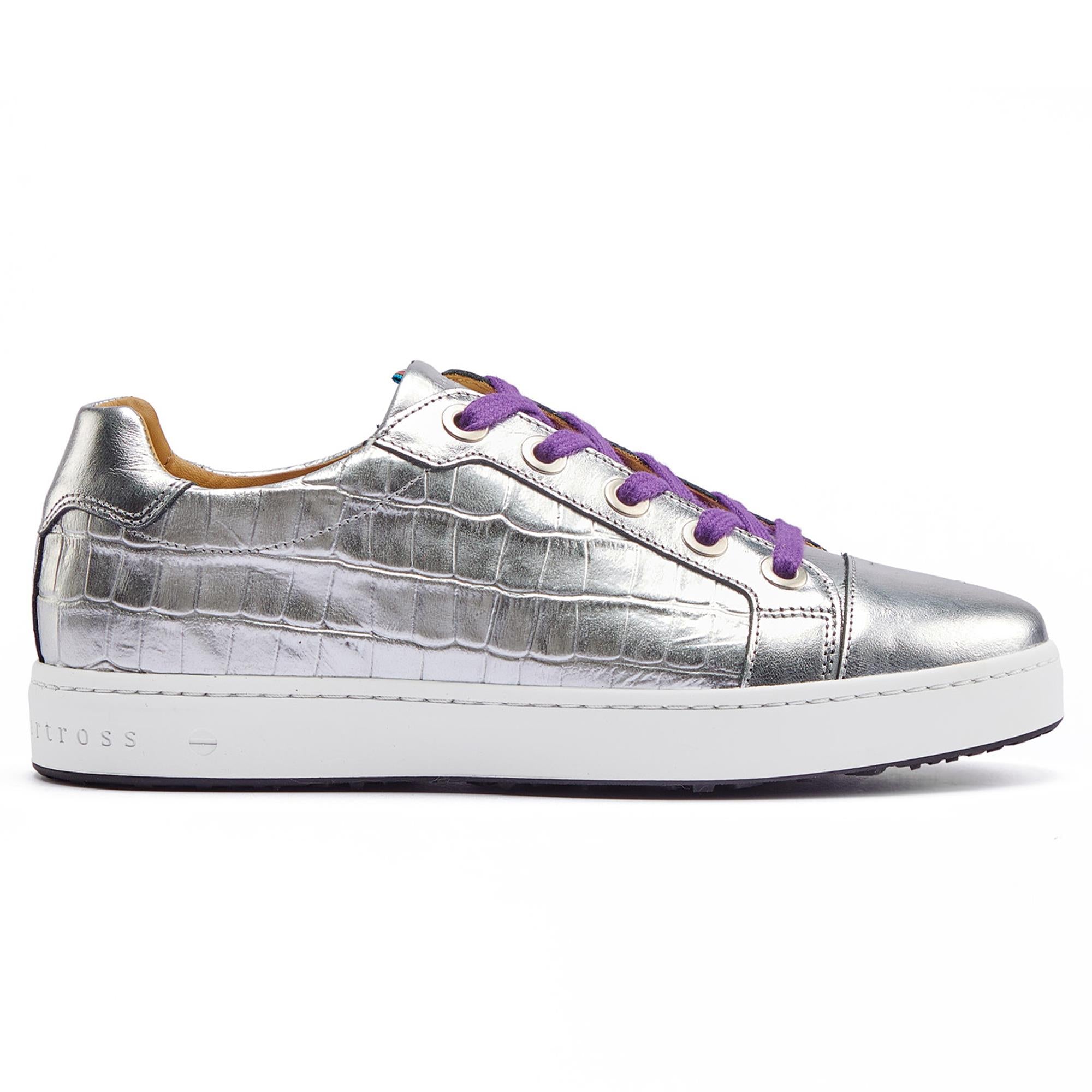 Side view of Royal Albartross Buckingham ladies spikeless golf shoes in silver croc print with purple laces – luxury womens golf shoes UK