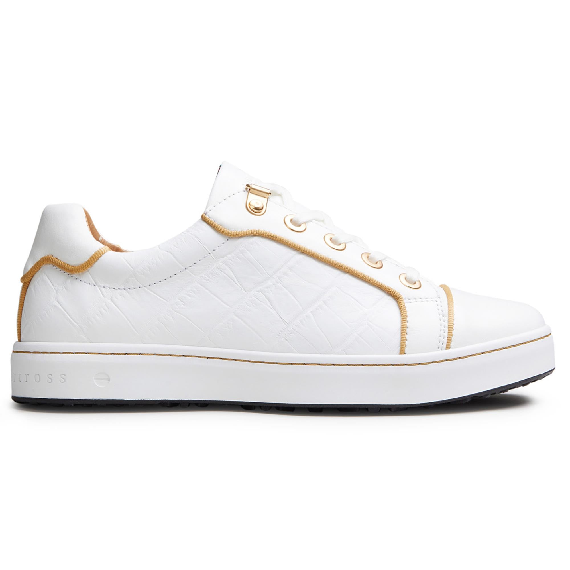 Side view of Royal Albartross Buckingham ladies spikeless golf shoes in white and gold – luxury handcrafted womens golf shoes UK