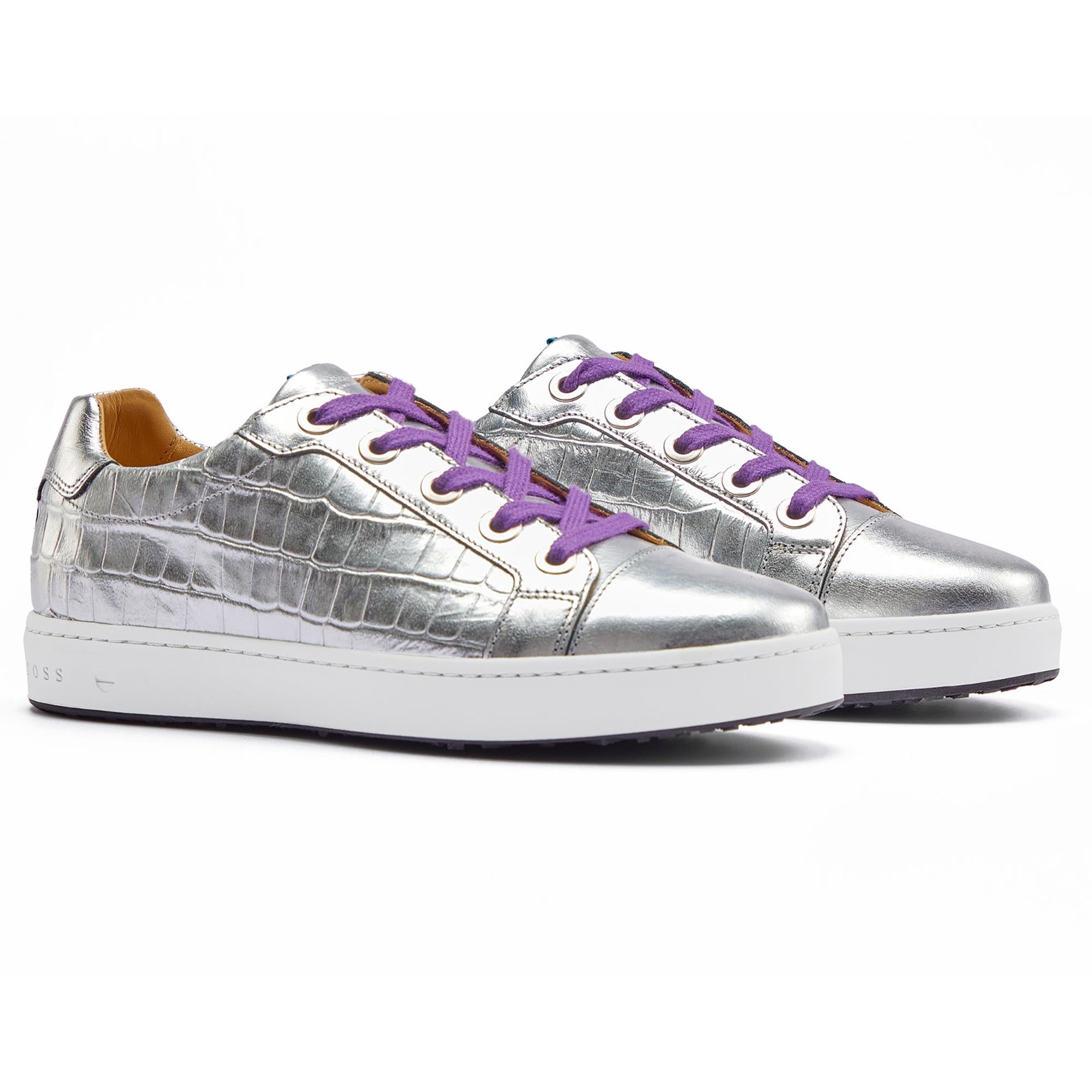 Side view of both Royal Albartross Buckingham silver croc ladies golf shoes with purple laces – handcrafted and stylish womens golf footwear