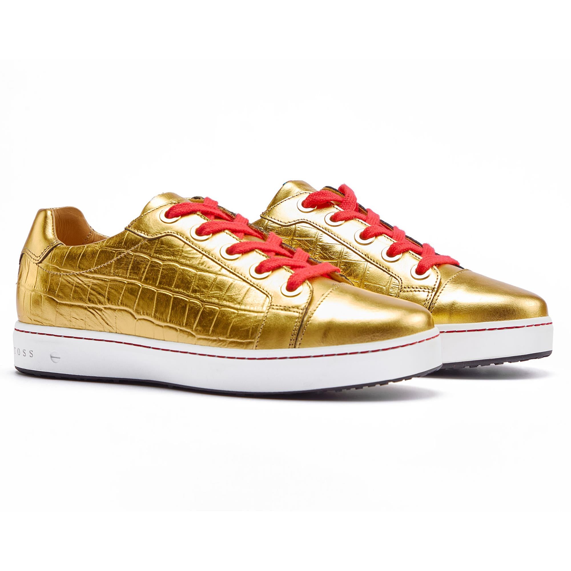 Side view of both Royal Albartross Buckingham gold croc ladies golf shoes – stylish and handcrafted womens golf shoes