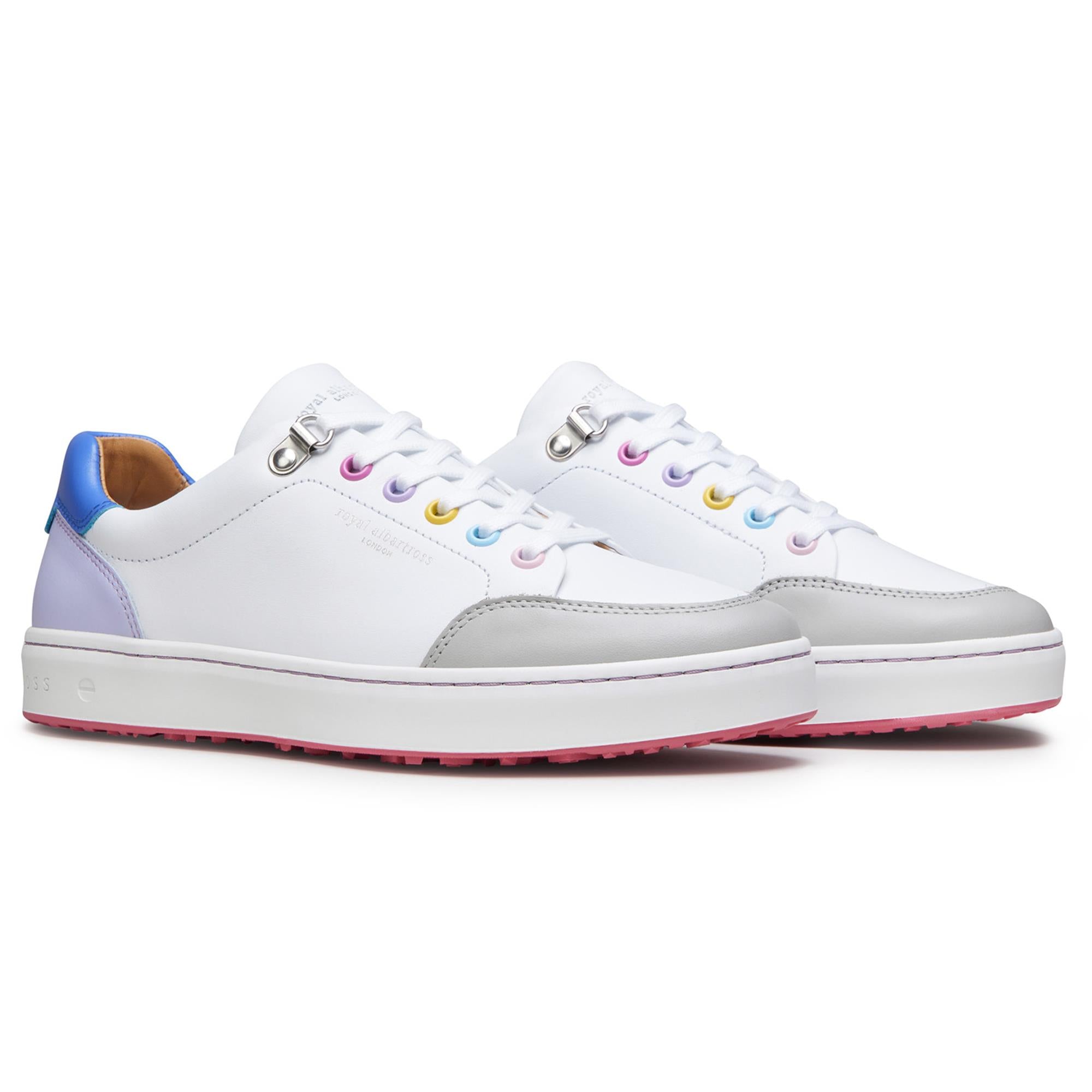 Side view of both Royal Albartross Fieldfox ladies spikeless golf shoes in dream white and lavender – stylish and handcrafted womens golf footwear