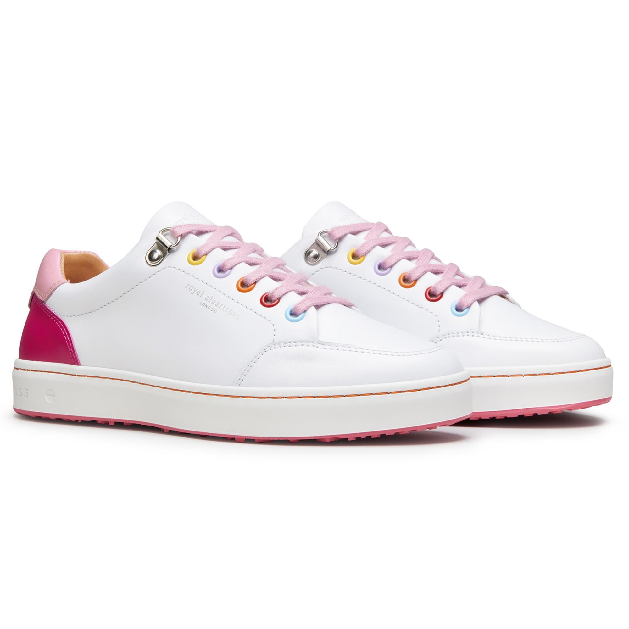 Side view of both Royal Albartross Fieldfox ladies spikeless golf shoes in dream white and pink – stylish and handcrafted womens golf footwear
