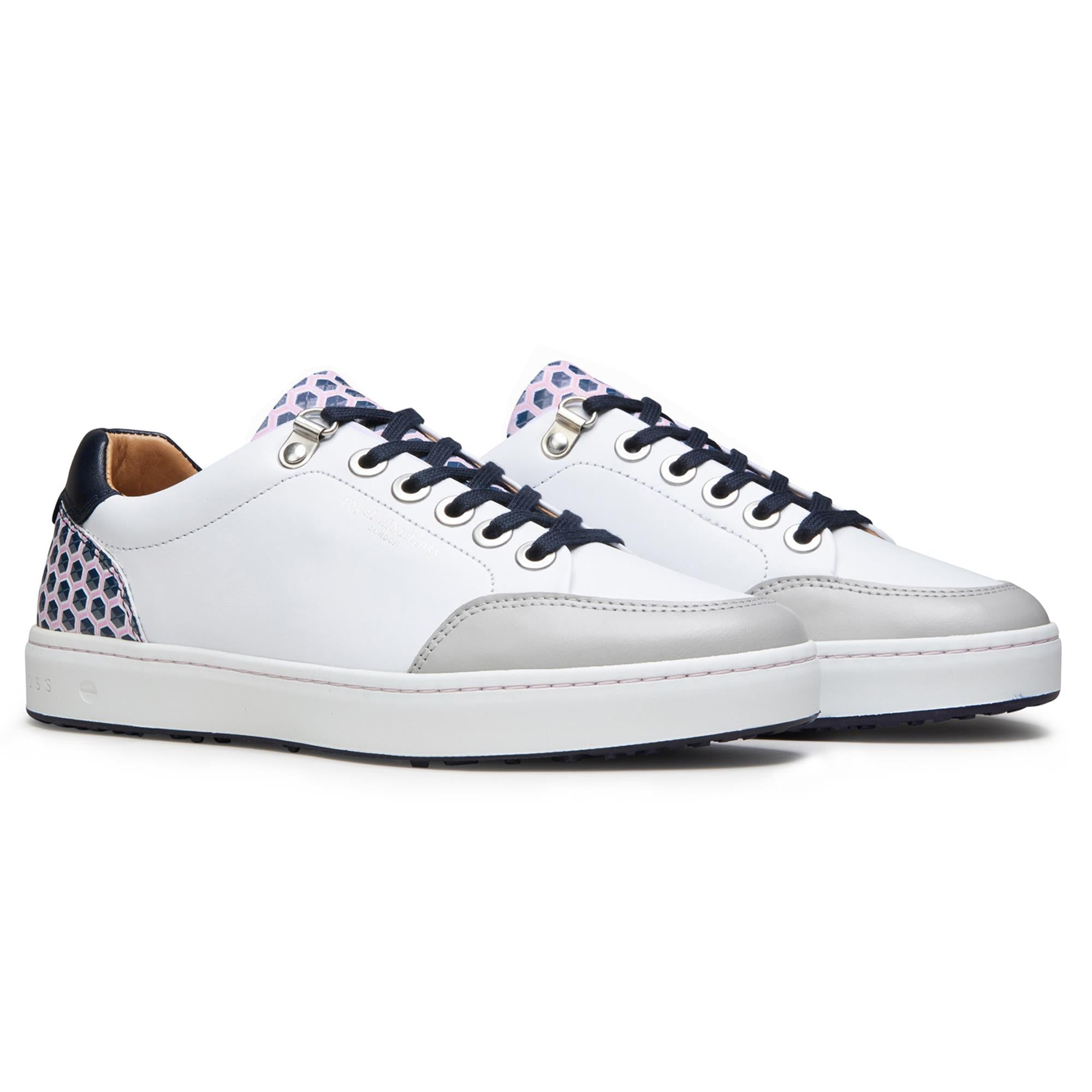 Side view of both Royal Albartross Fieldfox ladies spikeless golf shoes in geo white and navy – stylish and handcrafted womens golf footwear