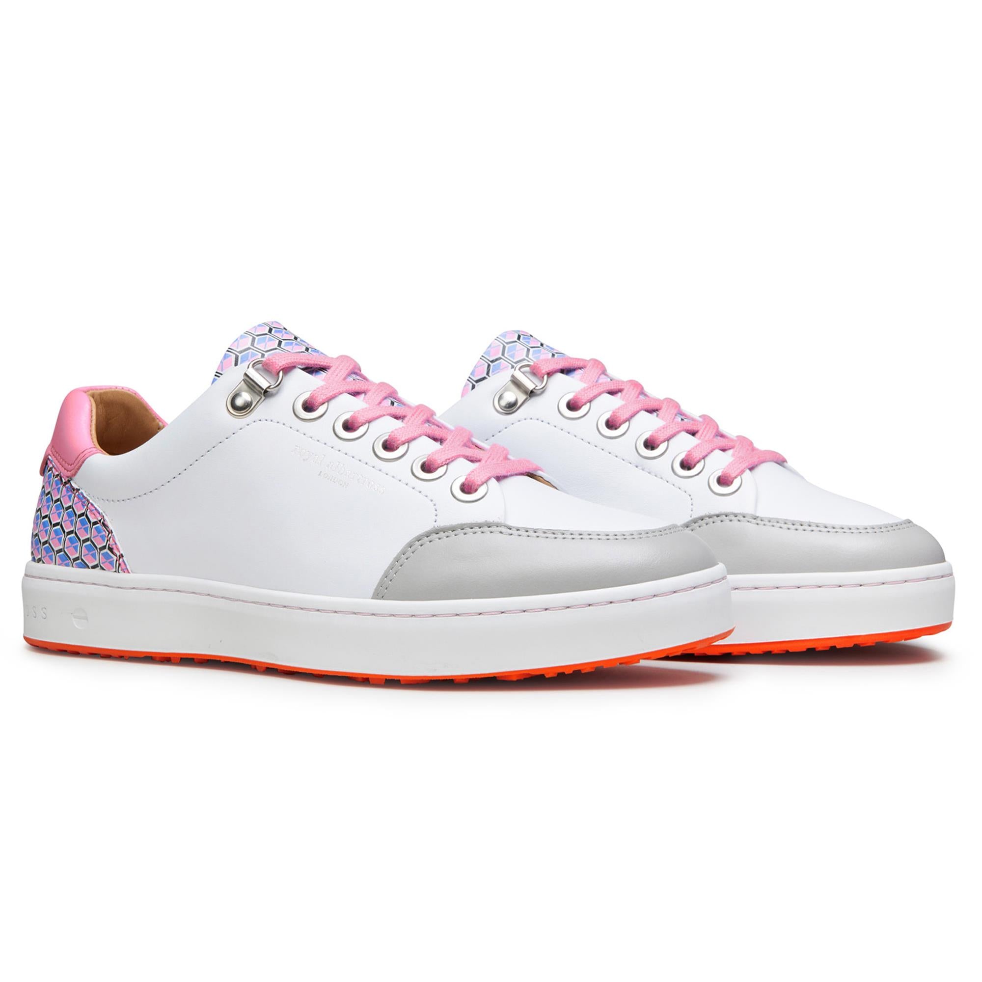 Side view of both Royal Albartross Fieldfox ladies spikeless golf shoes in geo white and pink – stylish and handcrafted womens golf footwear