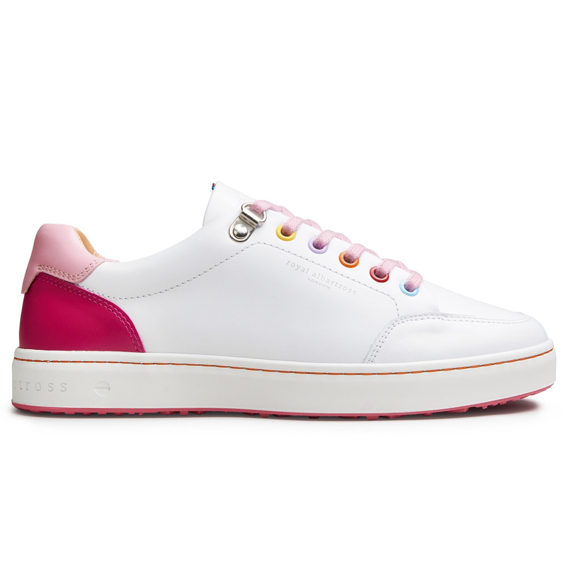 Side view of Royal Albartross Fieldfox ladies spikeless golf shoe in dream white and pink – luxury womens golf shoes with elegant pastel pink accents