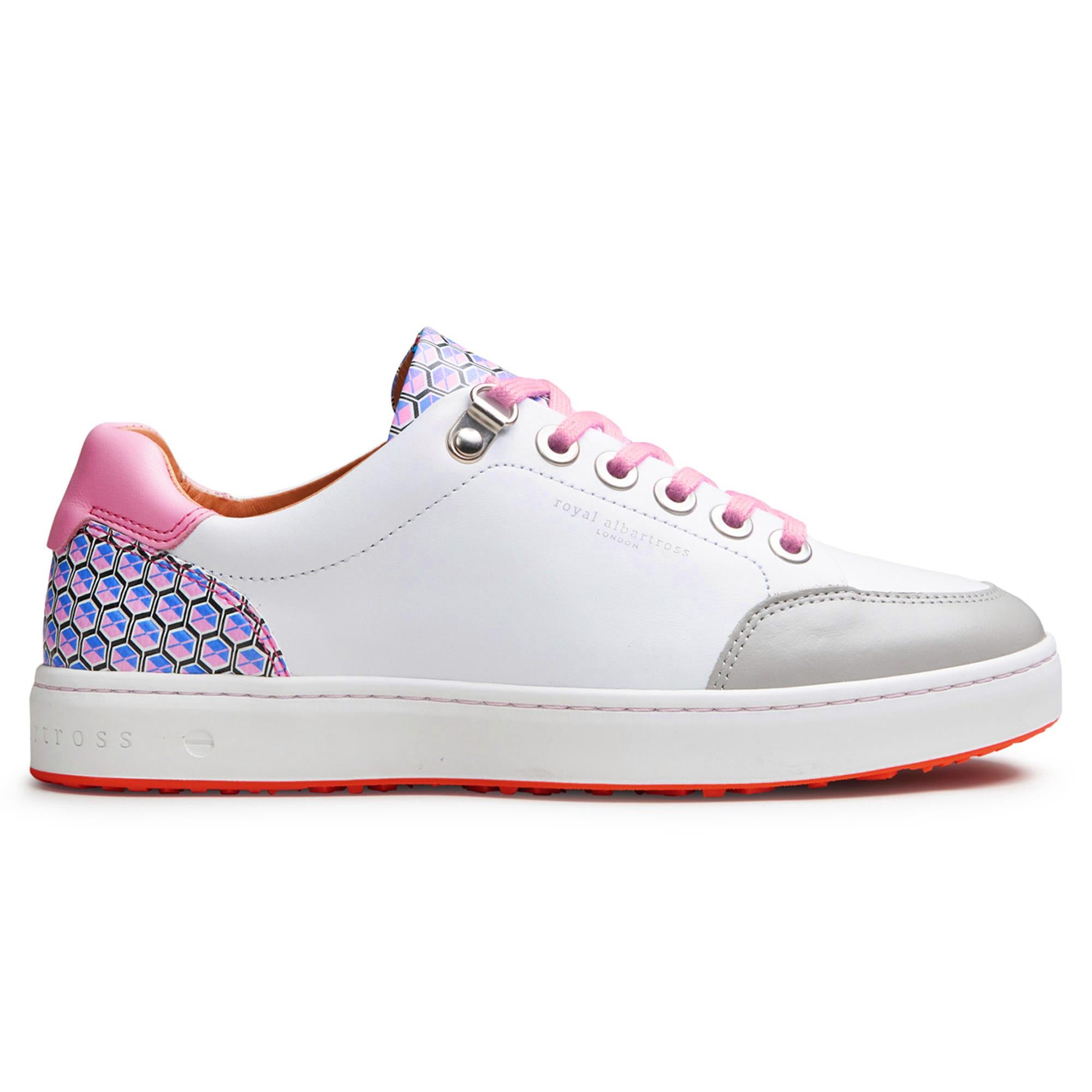 Side view of Royal Albartross Fieldfox ladies spikeless golf shoe in geo white and pink with pink laces – premium womens golf shoes with stylish design
