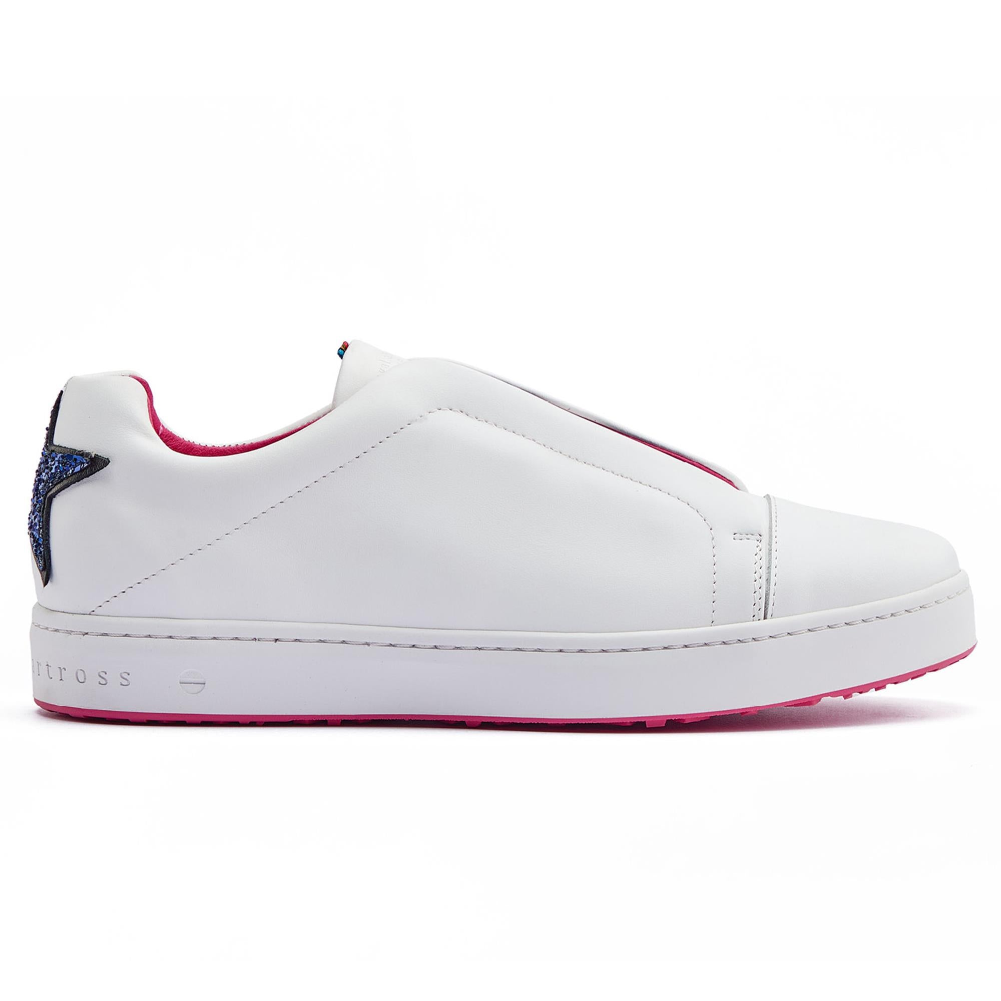 Side view of Royal Albartross Queen Hollywood ladies spikeless golf shoes in white – luxury handcrafted golf shoes for women