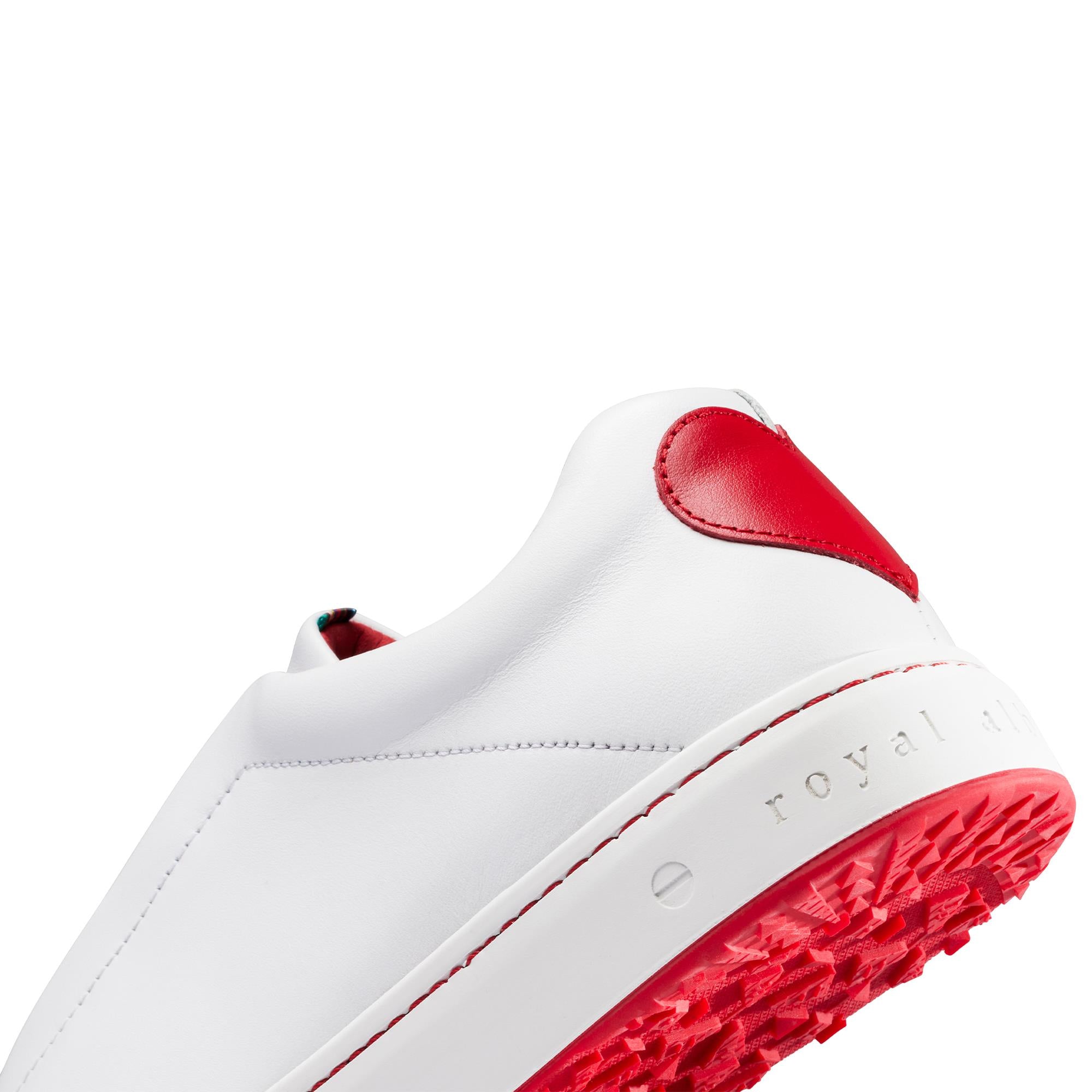 Close-up side view of heart design on Royal Albartross Queen of Hearts ladies golf shoes – handcrafted womens golf shoes UK