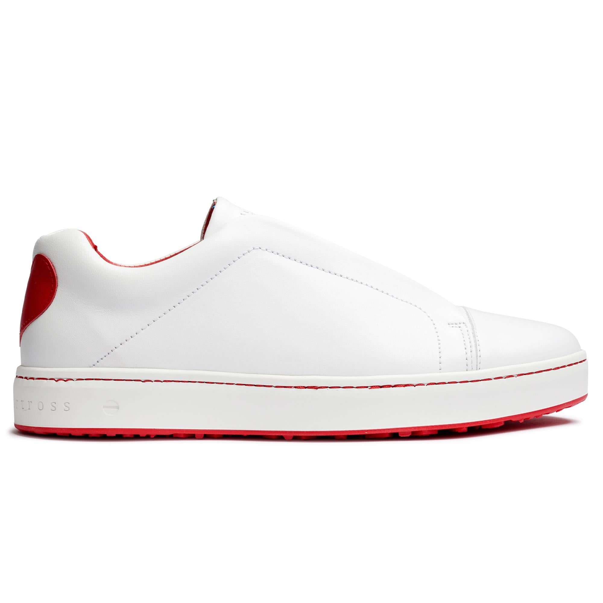 Side view of Royal Albartross Queen of Hearts ladies golf shoes in white – designer spikeless golf shoes for women with premium style