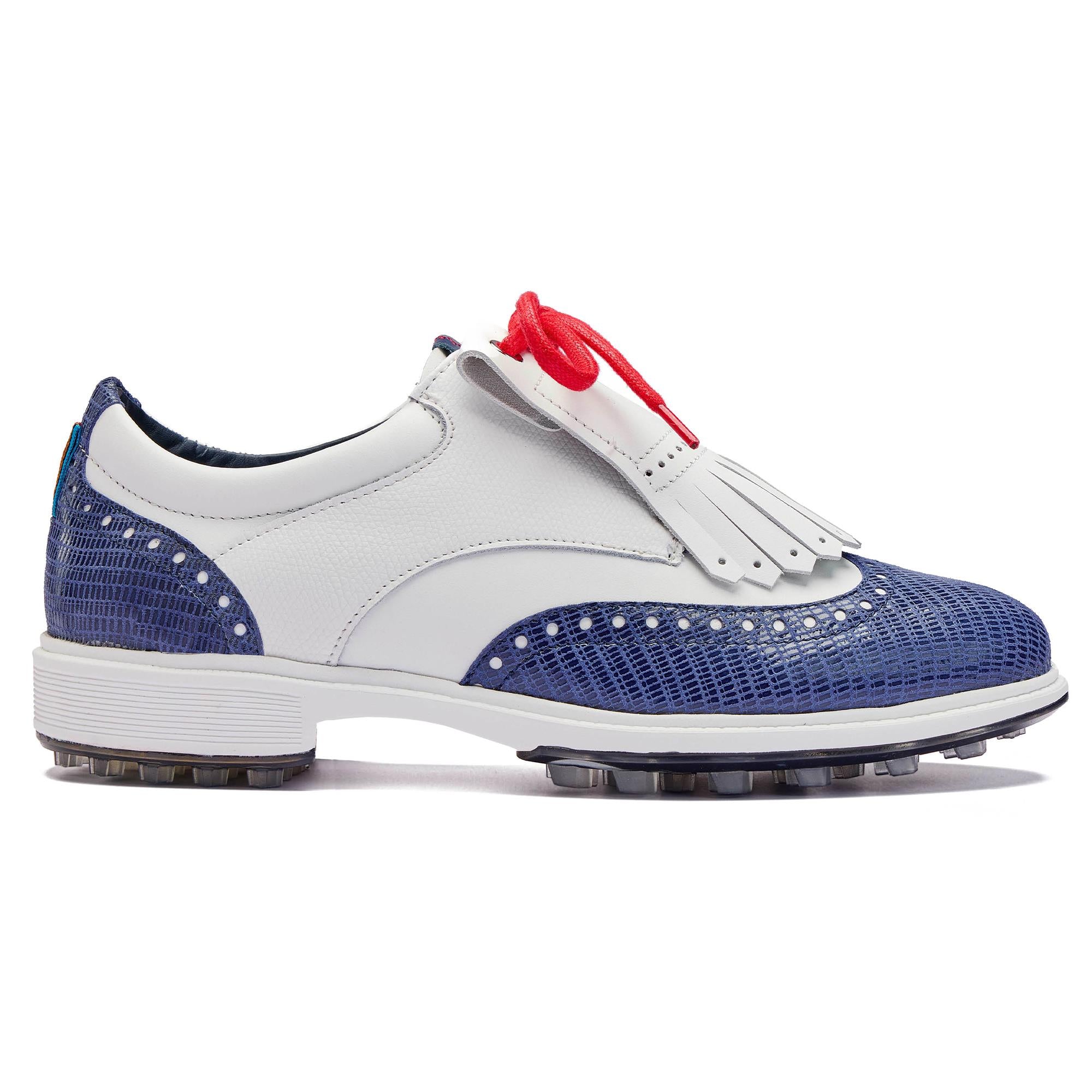 Side view of Royal Albartross Tailor Wingtip Brogue ladies golf shoes in white and navy – premium handcrafted womens golf shoes with classic style