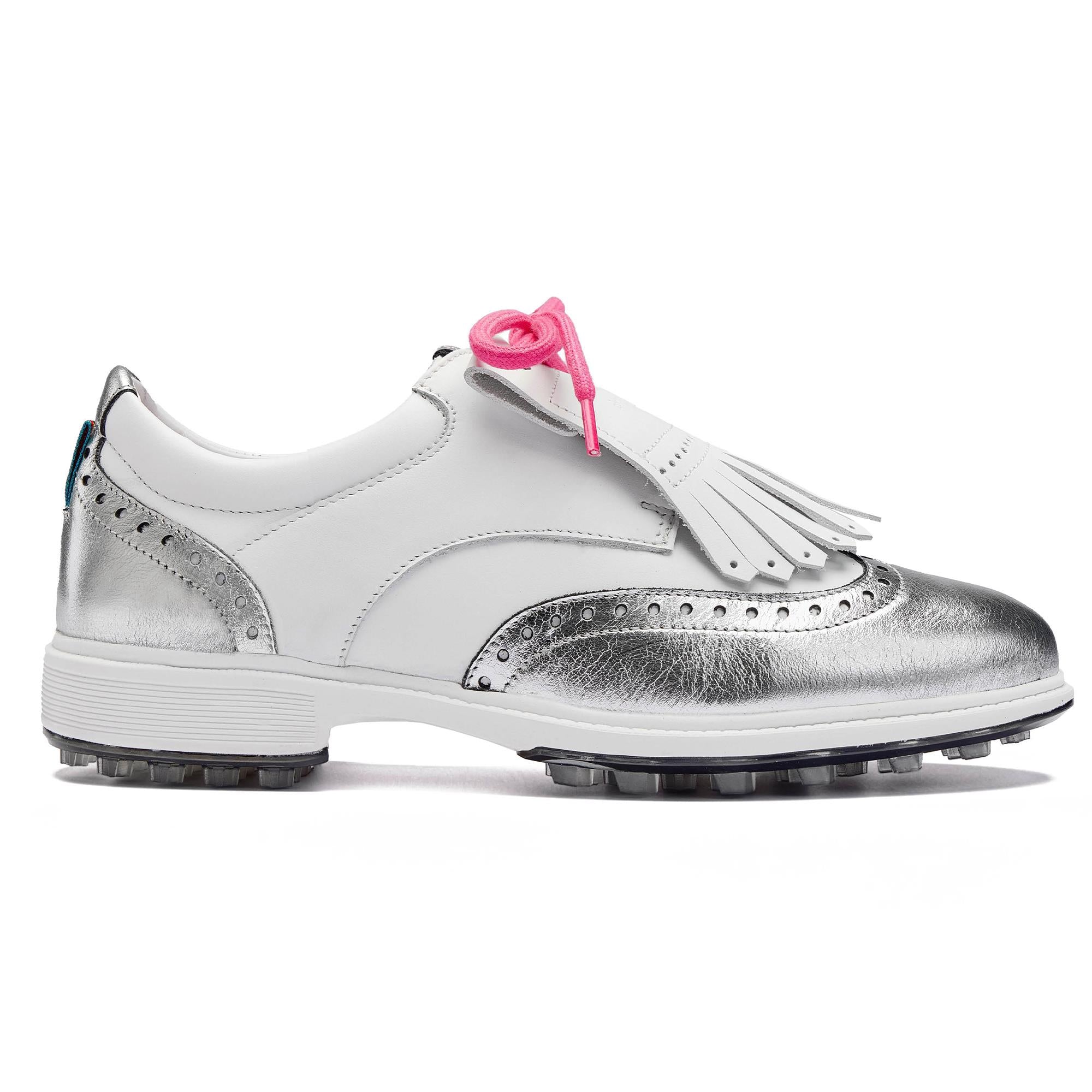 Side view of Royal Albartross Tailor Wingtip Brogue ladies golf shoes in white and silver – luxury handcrafted golf shoes for women with premium brogue detailing