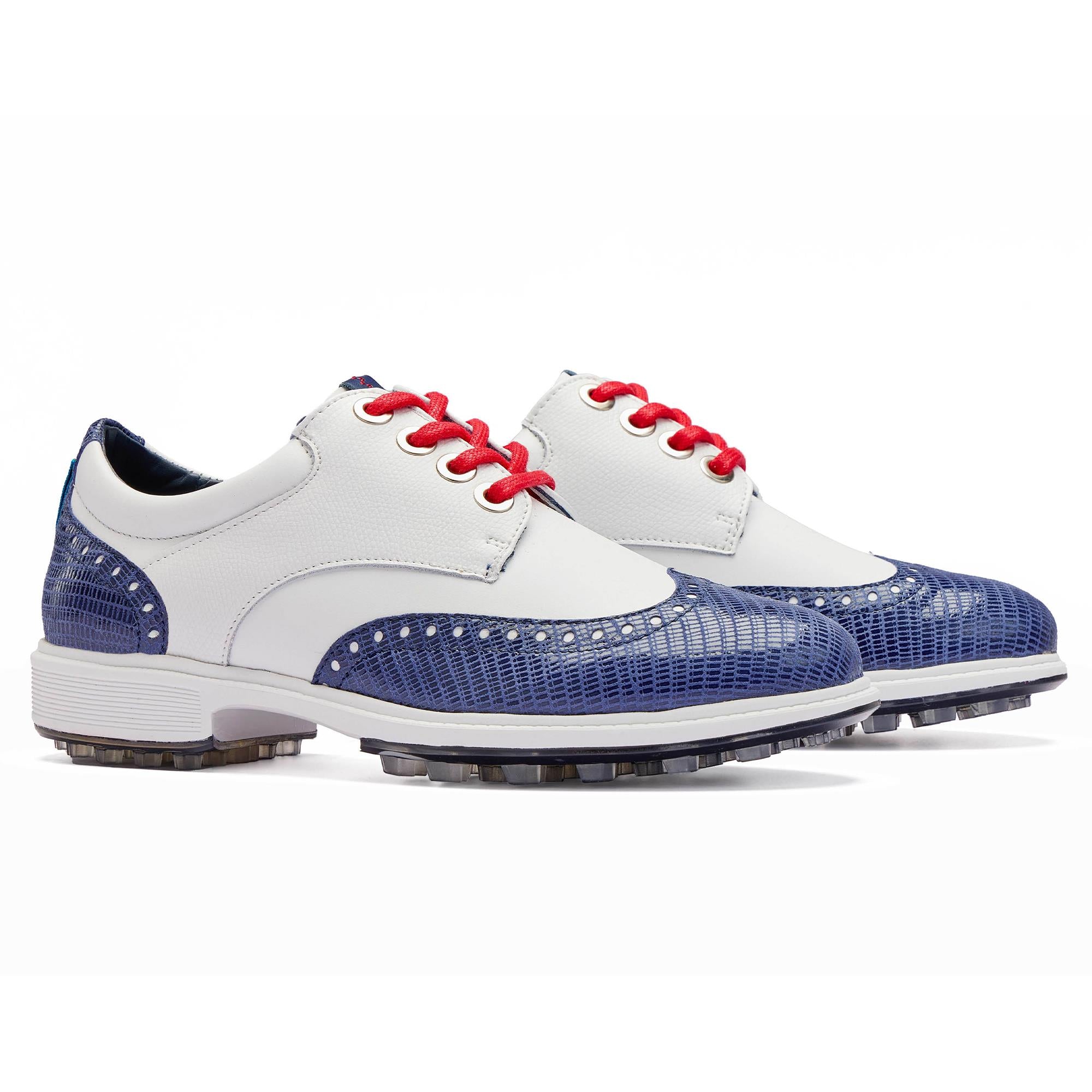 Side shot of both Royal Albartross Tailor Wingtip ladies golf shoes without kiltie – classic brogue styling and luxury womens golf footwear