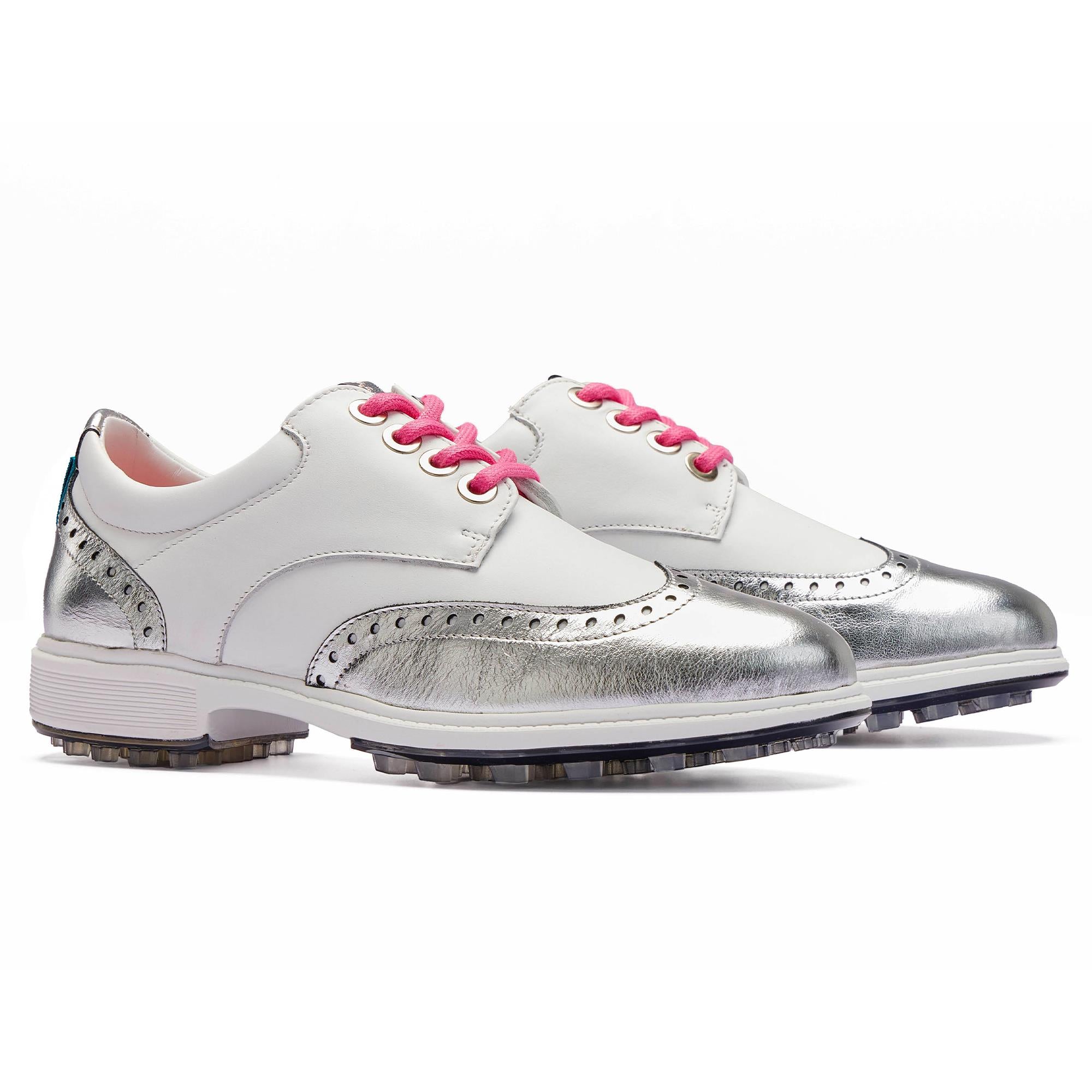 Side shot of white and silver Royal Albartross Tailor Wingtip golf shoes for women without kiltie – classic brogue design and premium comfort