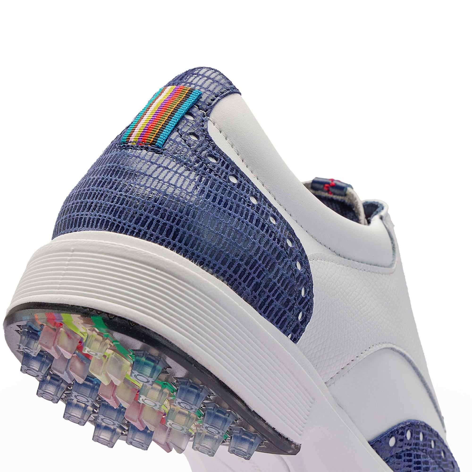 Close-up of the back heel detail on Royal Albartross Tailor Wingtip Brogue golf shoes – luxury branding on handcrafted ladies golf footwear