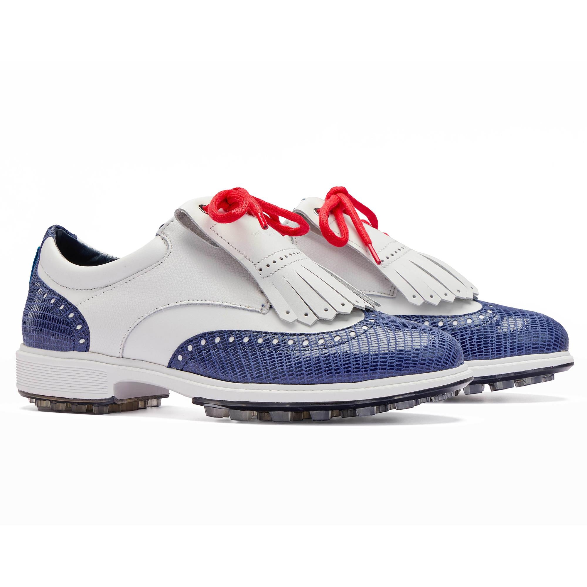 Side view of Royal Albartross Tailor Wingtip Brogue ladies golf shoes with detachable kiltie – handcrafted designer golf shoes for women