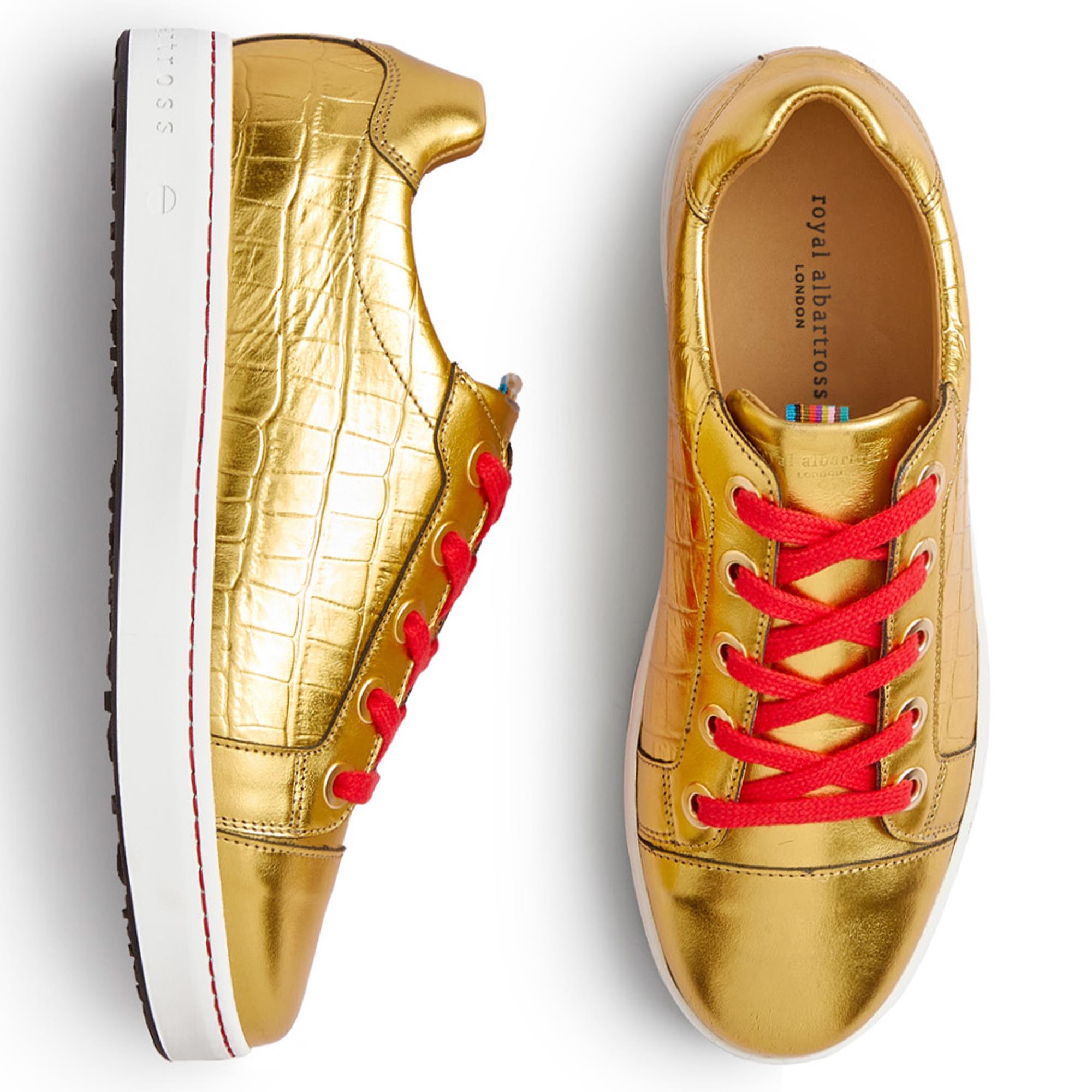 Top view of Royal Albartross Buckingham ladies spikeless golf shoes in gold croc design – premium ladies golf footwear UK