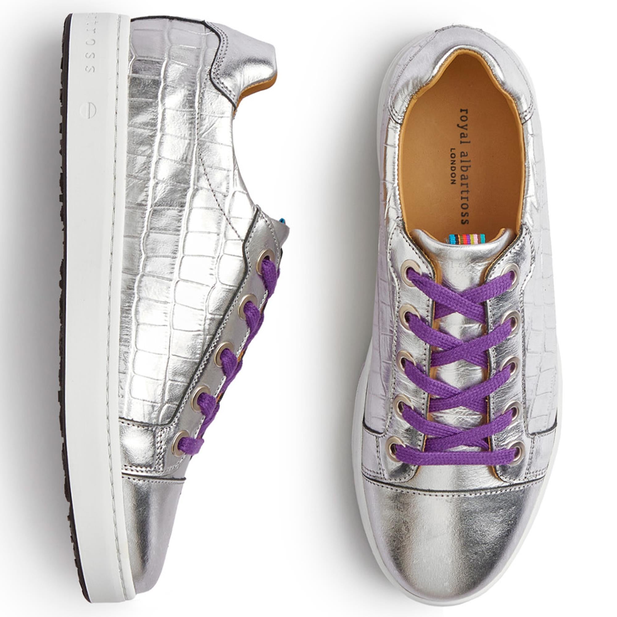 Bird’s eye view of Royal Albartross Buckingham ladies golf shoes in silver croc pattern with purple laces – premium designer golf shoes for women