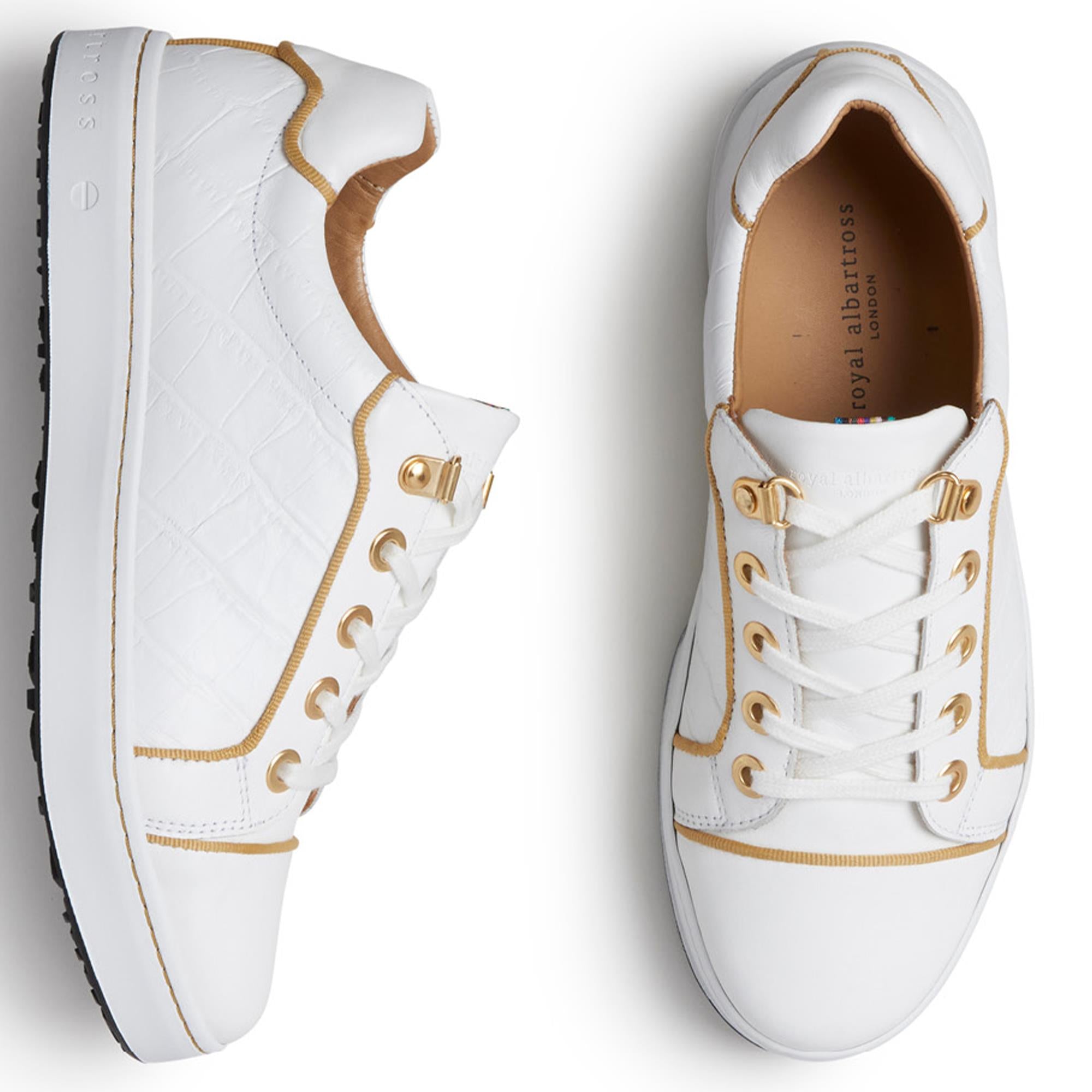 Bird’s eye view of Royal Albartross Buckingham ladies golf shoes in white and gold – premium ladies golf footwear with designer finish