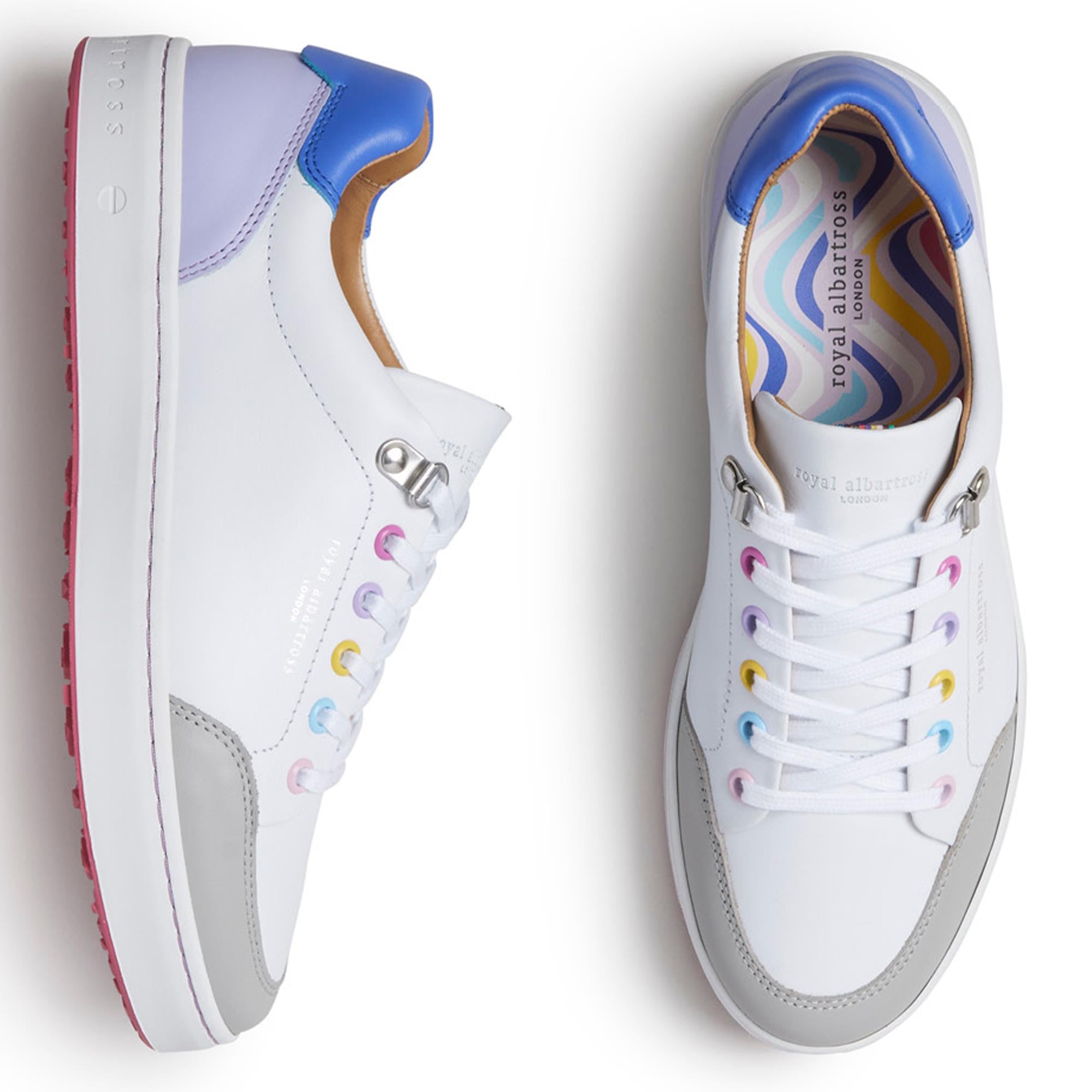 Bird’s eye view of Royal Albartross Fieldfox ladies golf shoes in dream white with lavender accents – premium spikeless golf shoes for women