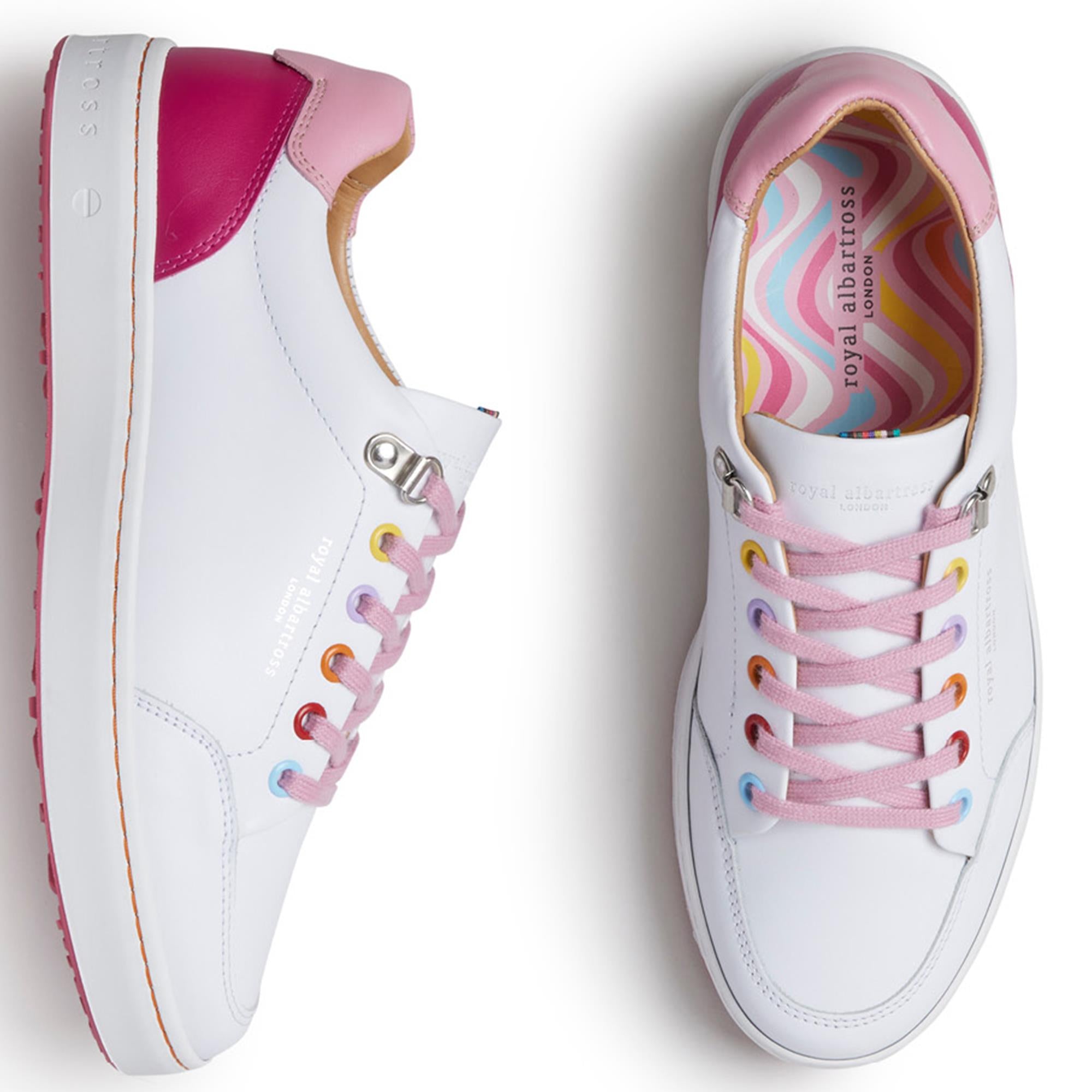 Bird’s eye view of Royal Albartross Fieldfox ladies golf shoes in dream white with pink laces – premium spikeless golf shoes for women
