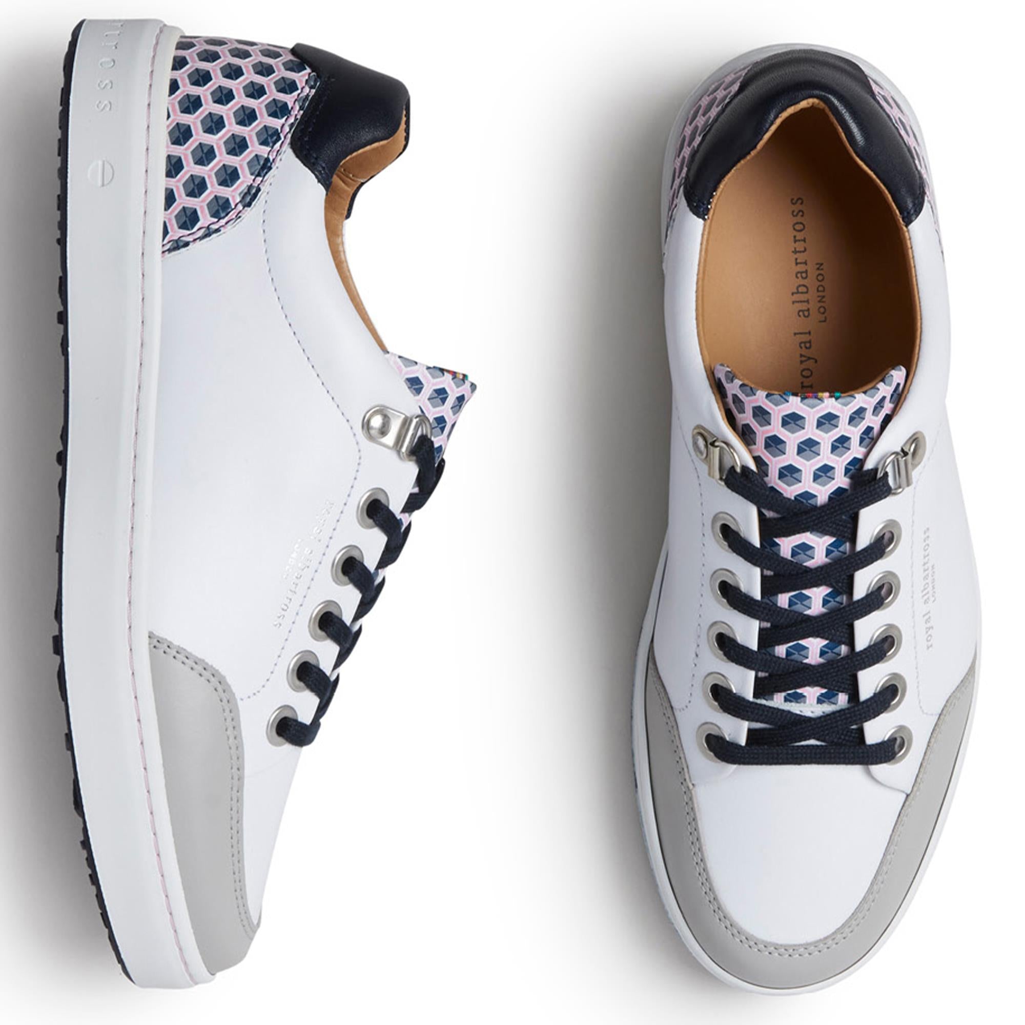 Bird’s eye view of Royal Albartross Fieldfox ladies golf shoes in geo white with navy accents – luxury spikeless golf shoes for women