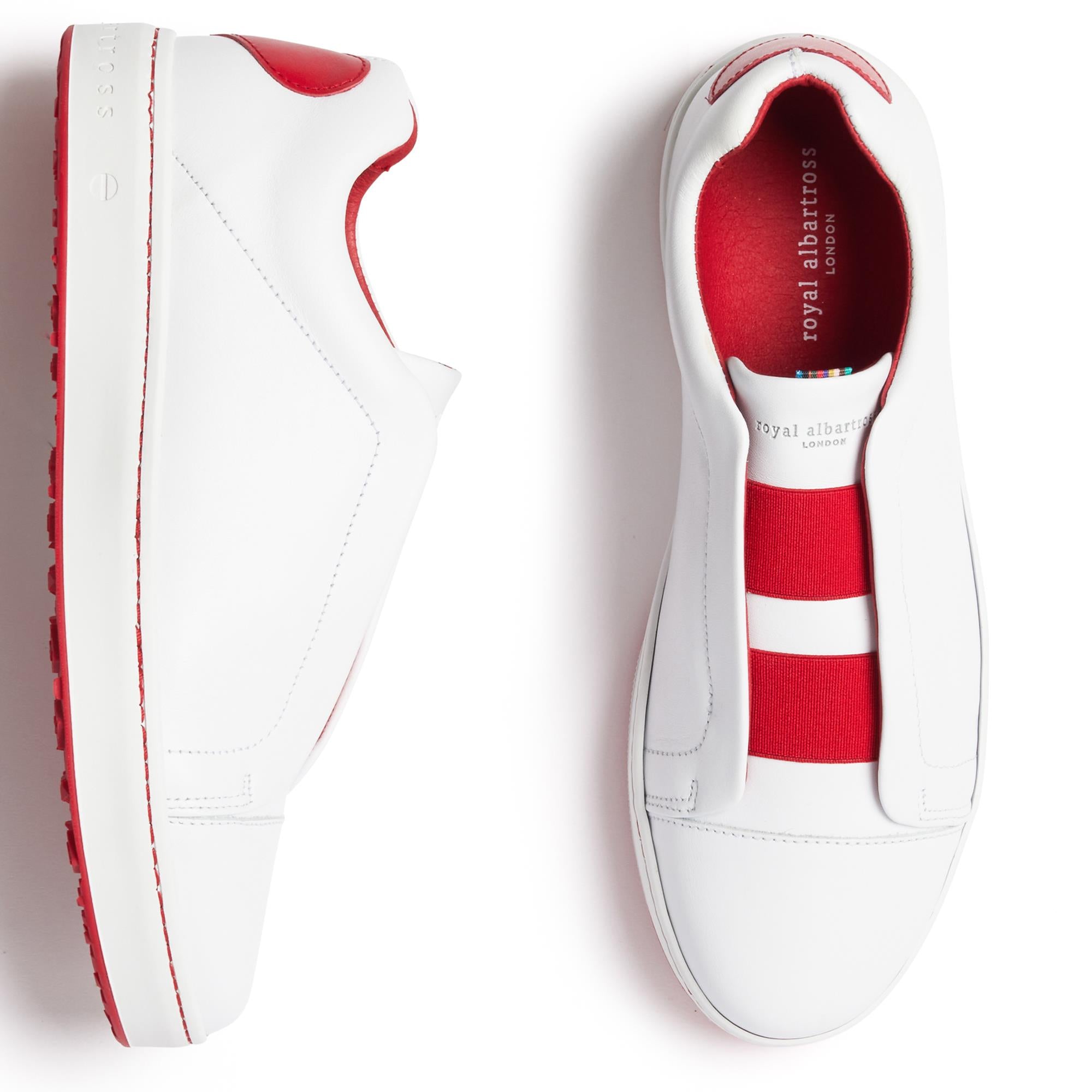 Birds Eye of white Royal Albartross Queen of Hearts ladies golf shoe – luxury womens golf footwear handcrafted in the UK