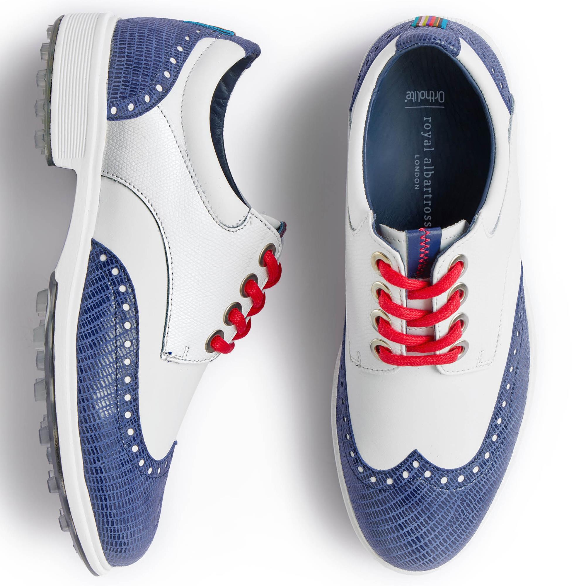 Bird’s eye view of Royal Albartross Tailor Wingtip Brogue ladies golf shoes in white and navy – luxury spikeless golf shoes with kiltie and brogue detailing