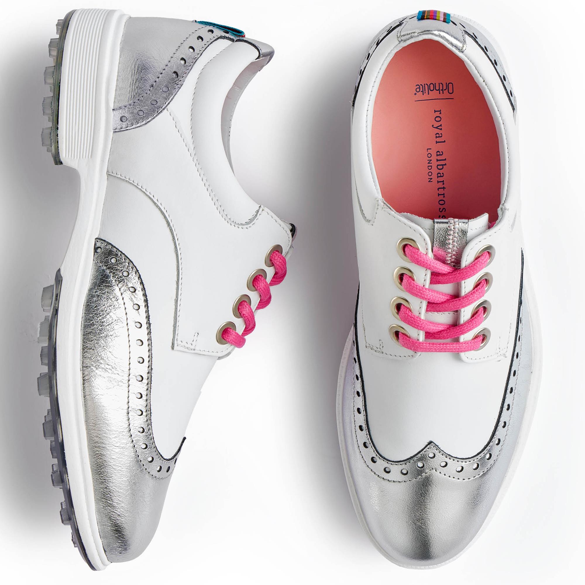 Bird’s eye view of Royal Albartross Tailor Wingtip Brogue ladies golf shoes in white and silver – designer ladies golf footwear with kiltie and wingtip accents