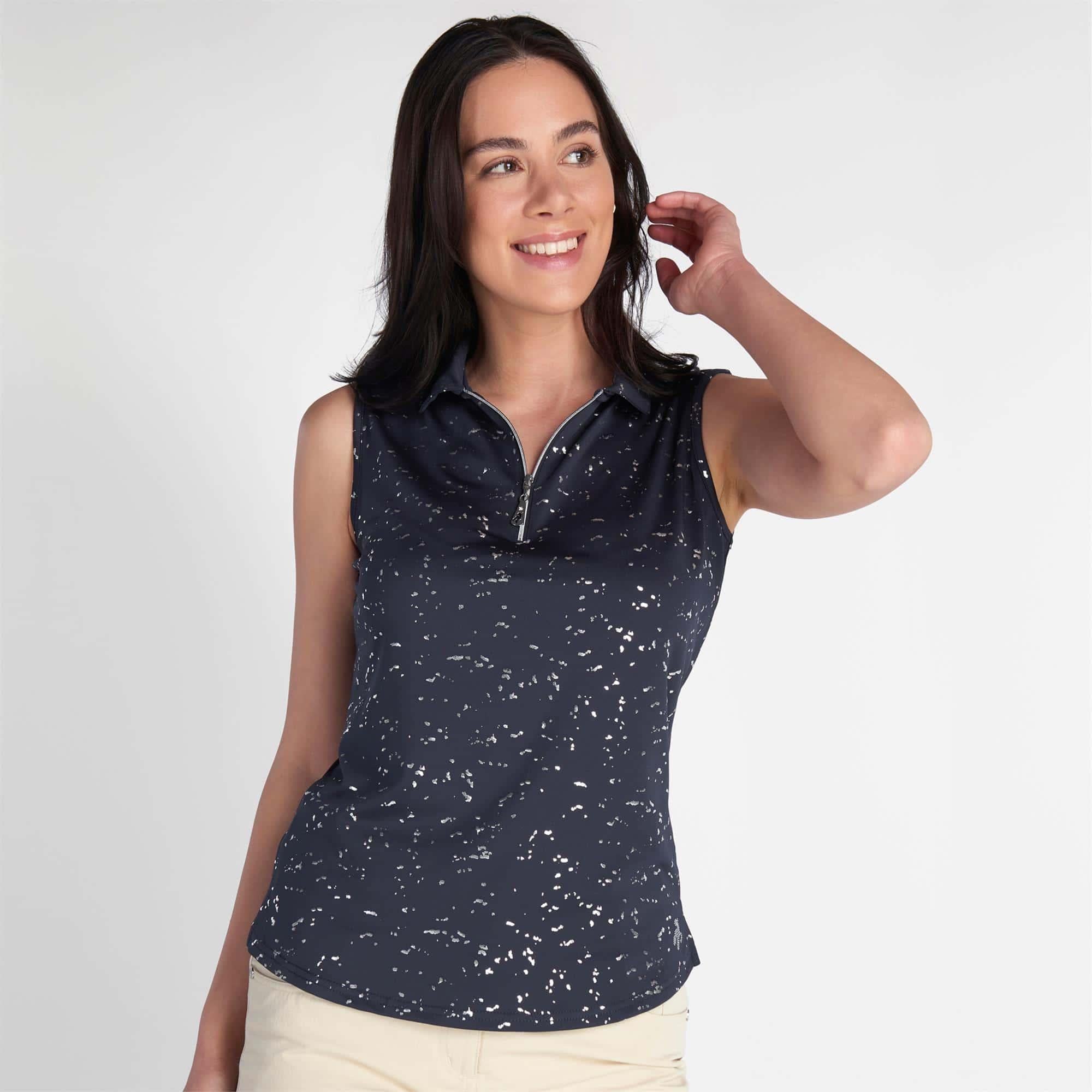 Green Lamb Katrianna Sleeveless Silver Foil Polo Shirt Navy
