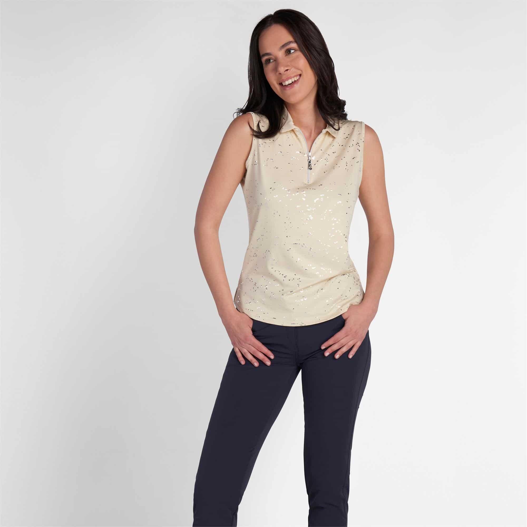 Green Lamb Katrianna Sleeveless Silver Foil Polo Shirt Stone