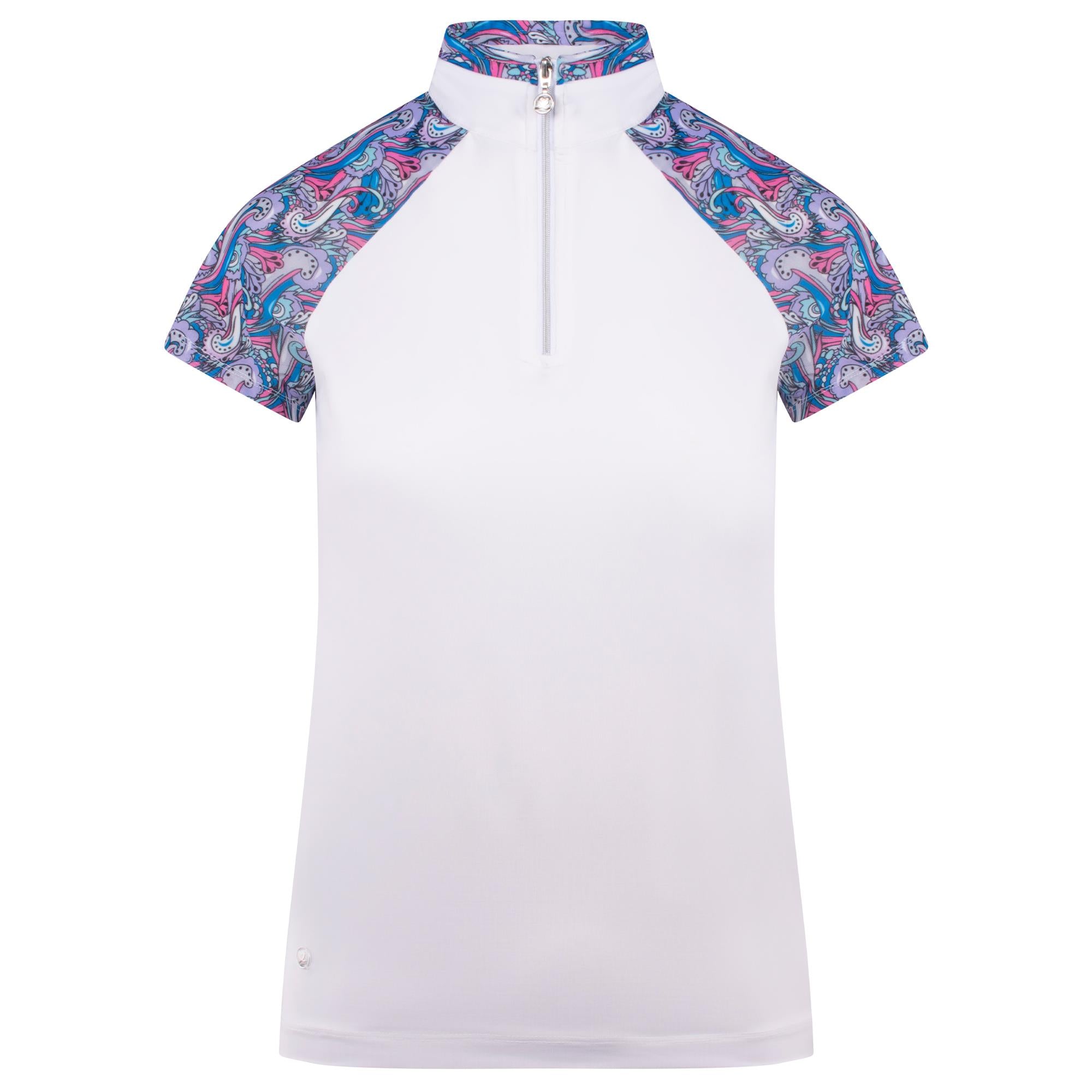 white ladies polo shirt with half zip with jewel detail and patterned shoulders