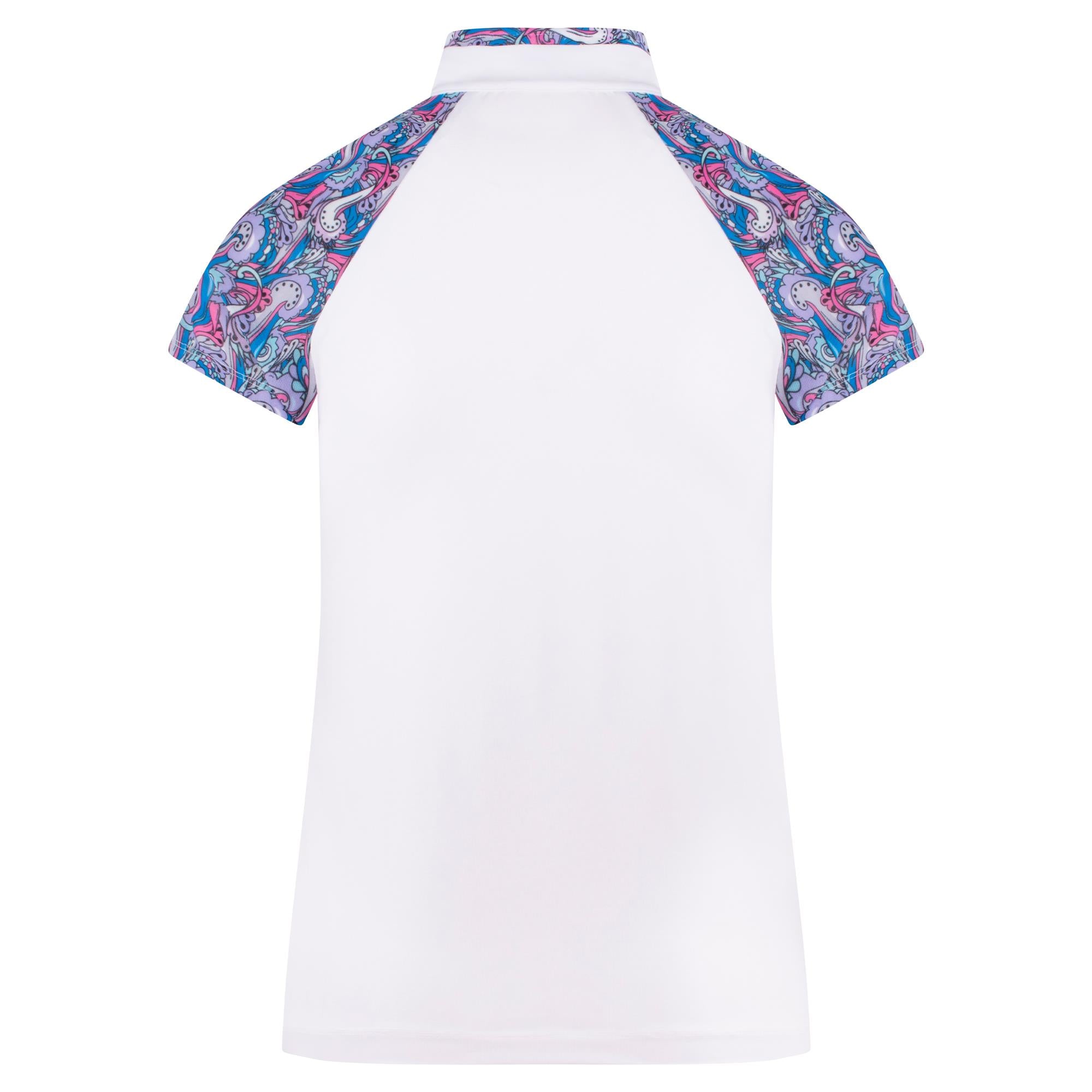 back shot of white ladies polo with shoulder patterned detail 
