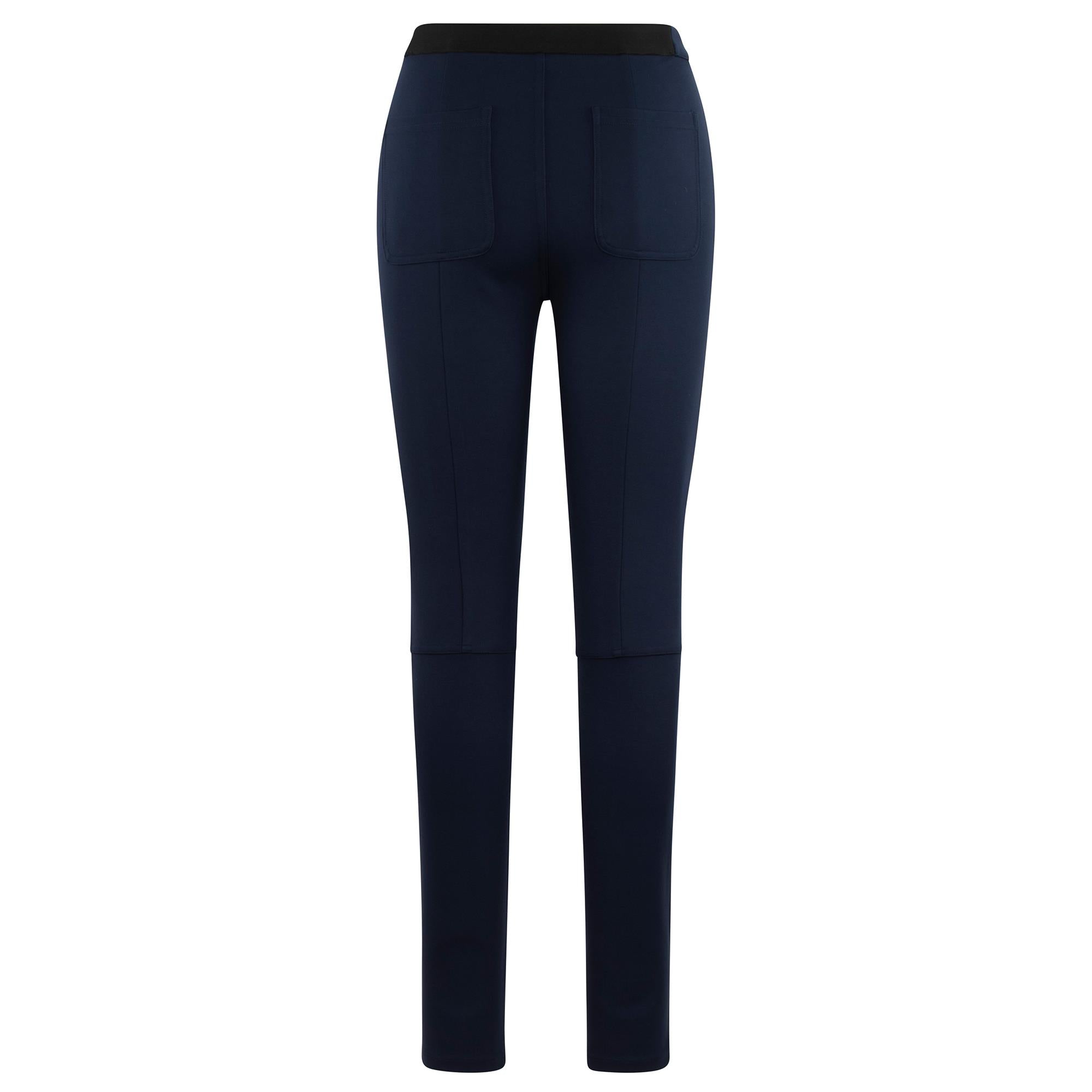Navy blue, moto leggings with no front or back pockets. 68% cotton