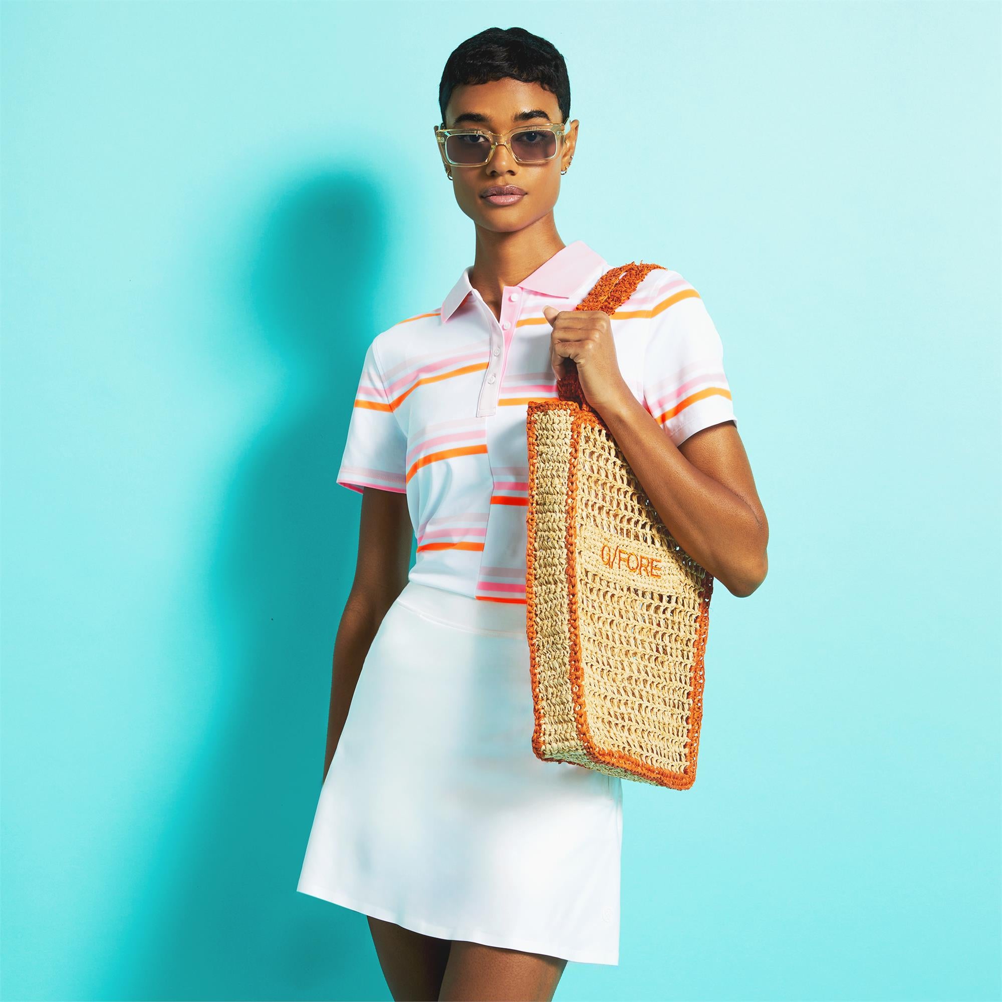 G/FORE Offset Stripe Tech Jersey Ladies Golf Polo Blush