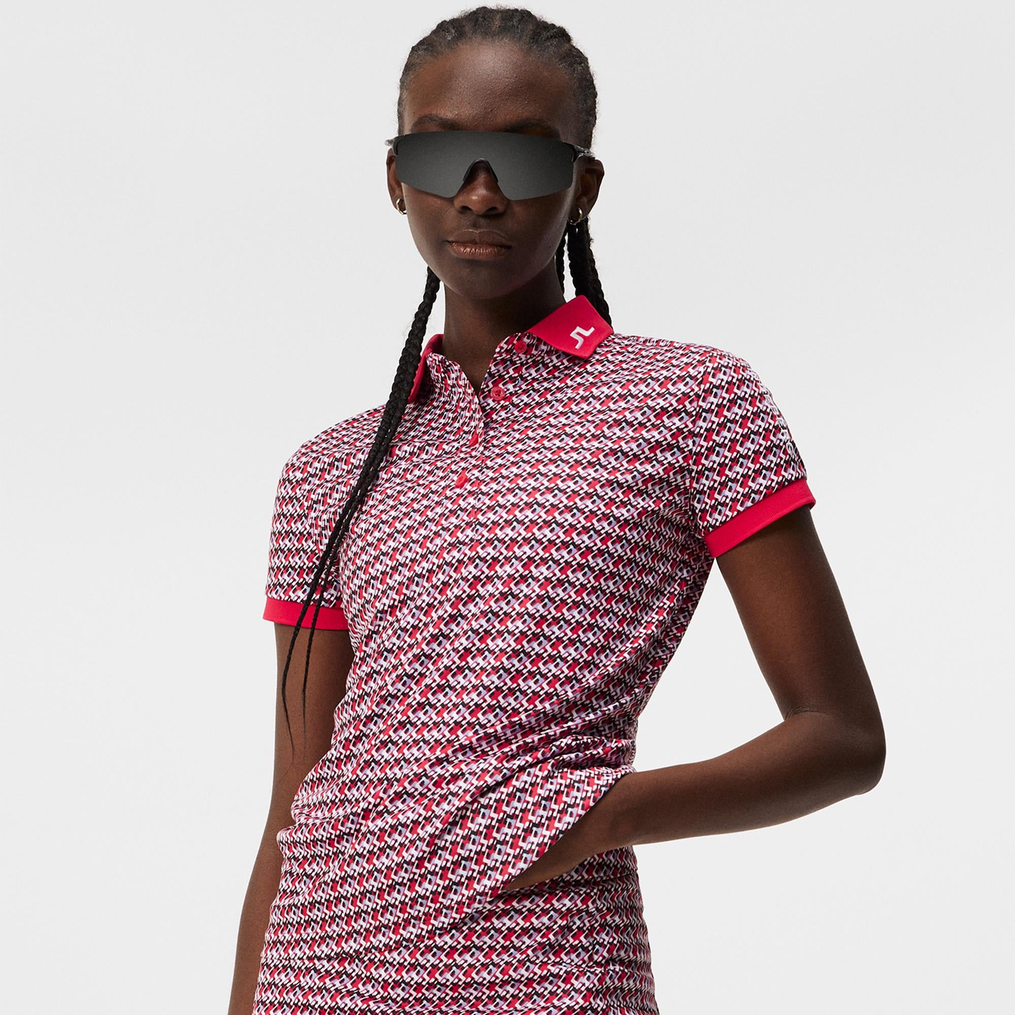 J Lindeberg Tour Tech Print Ladies Golf Polo Shirt JL Micro Bridge Rose Red