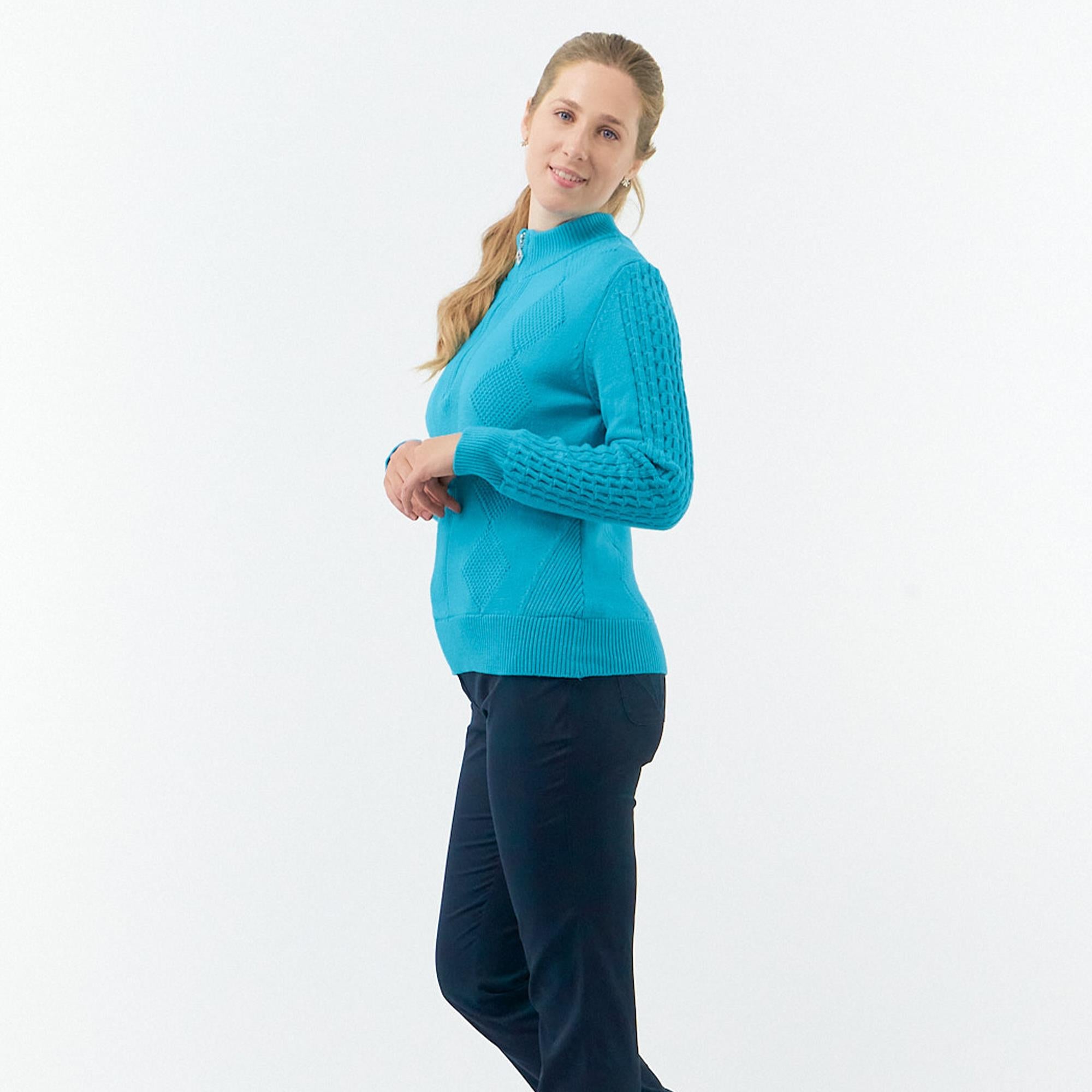 Pure Golf Sorrell Cable Knit Lined Ladies Golf Jumper Tourmaline Blue